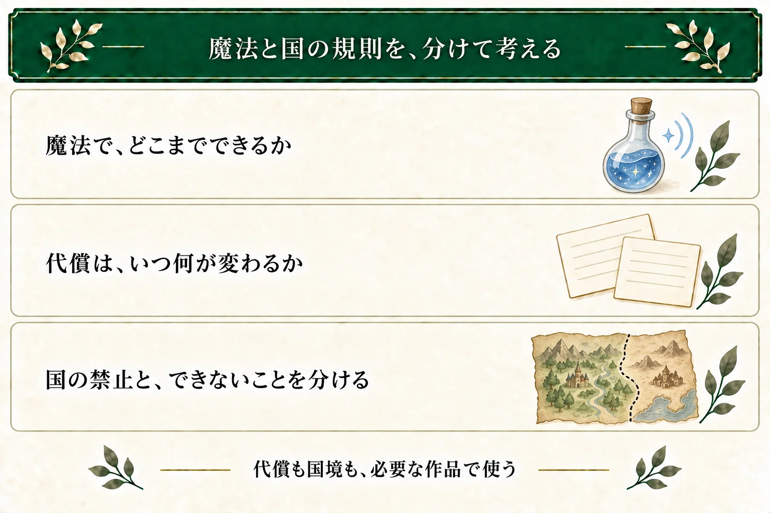 魔法の働く範囲、代償の内容と時点、国の規則を分けて考える。代償や国境は全作品に必須ではない。