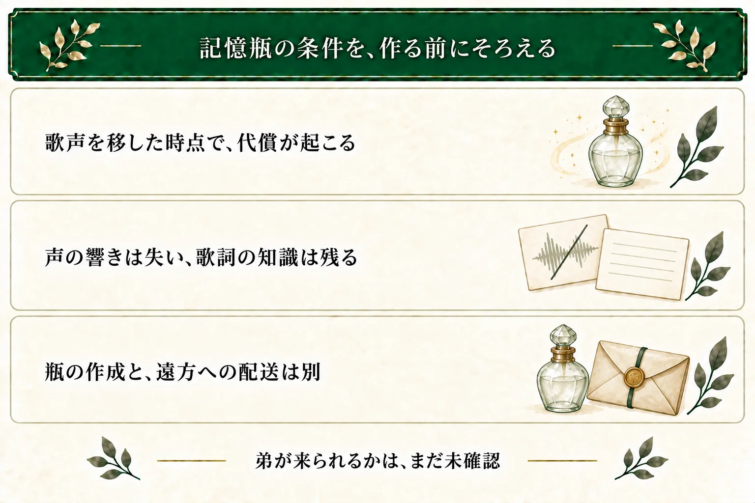 記憶瓶は作った時点で声の響きを思い出せなくなるが、歌詞や誰が歌ったかは覚えている。自動配送はできず、弟が訪問できるかも未確認。