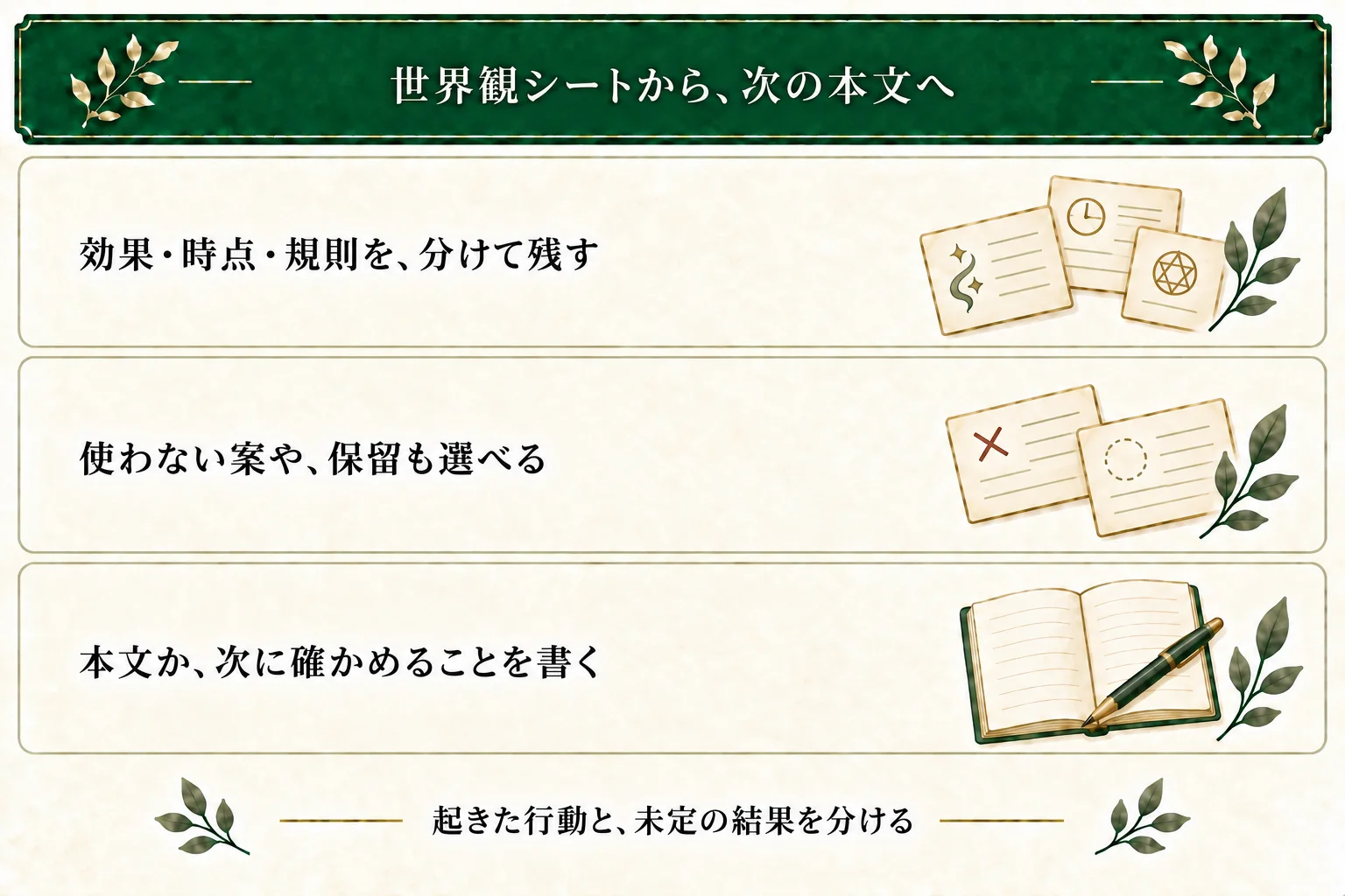 世界観シートに効果・代償の時点・規則を分けて残し、使わない案や保留も記録する。本文または次に確かめることへつなげる。