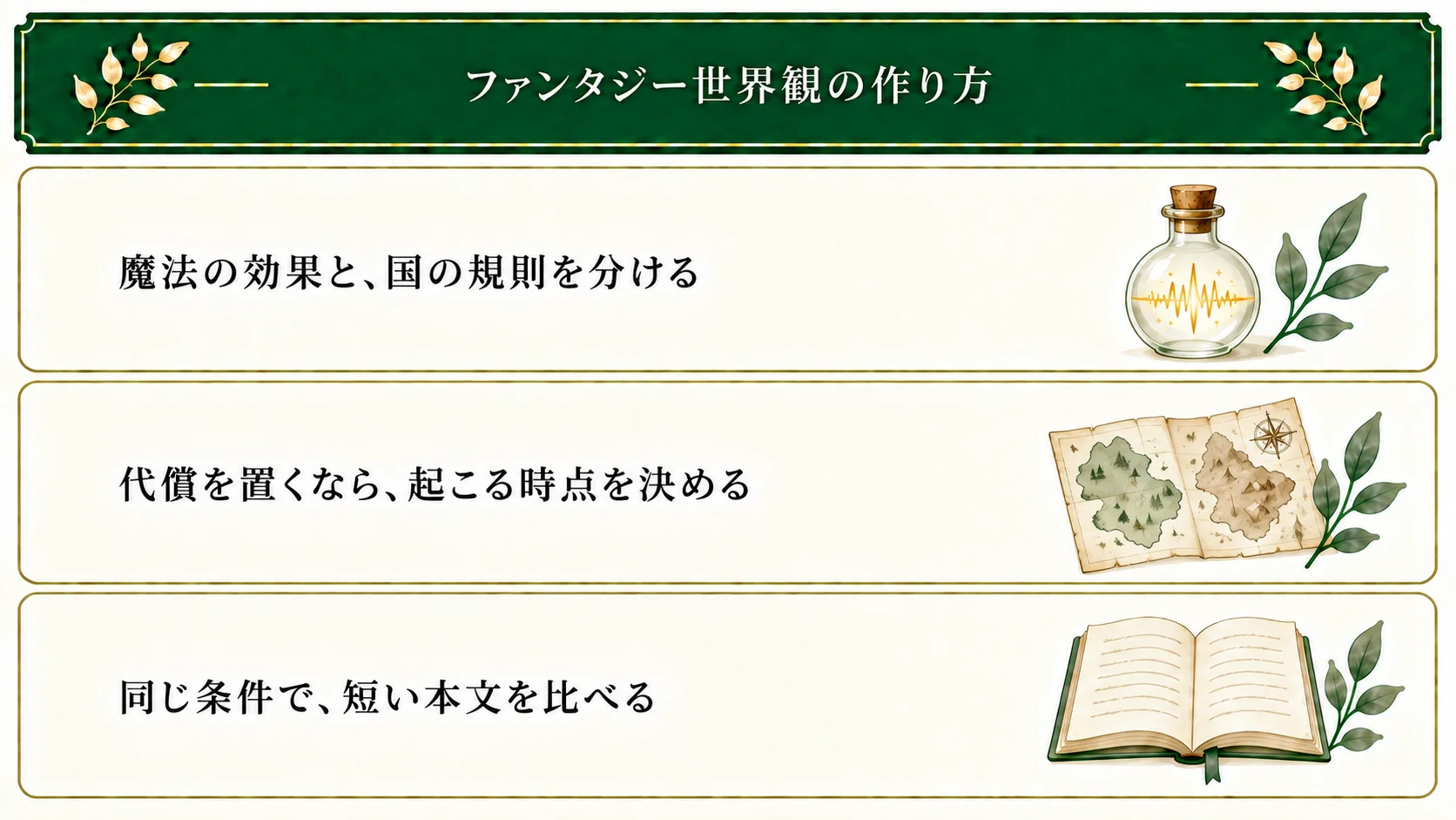 魔法の効果と国の規則を分け、代償を置く場合は起こる時点を決める。同じ条件で短い本文を比べる。