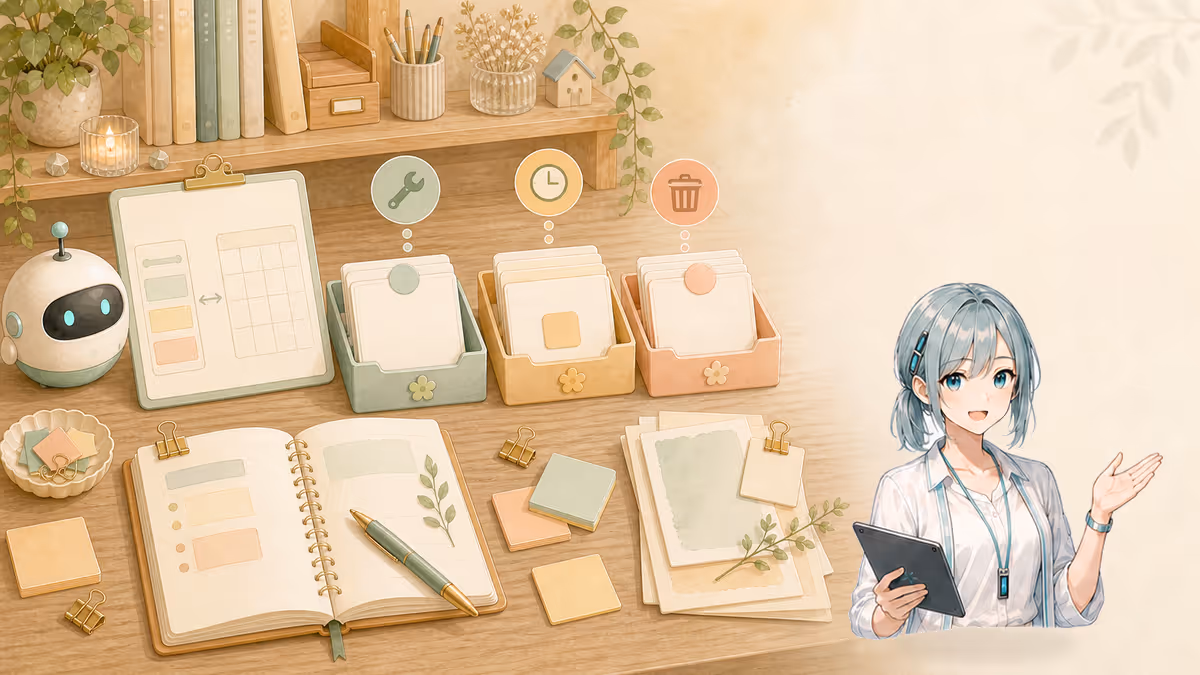 ミラが直す残す捨てる三つの箱に不安メモを分ける創作アトリエの挿絵