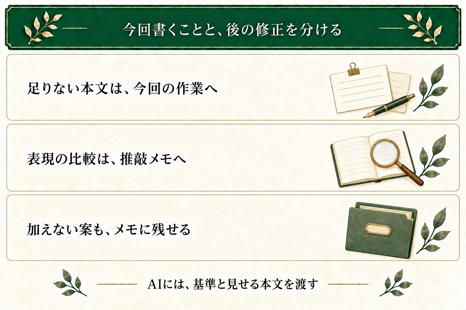 完成基準に必要な本文、推敲で比べる表現、今回は加えない案を分ける。AIには基準と提示範囲を渡し、未提示の部分は未確認として扱う。
