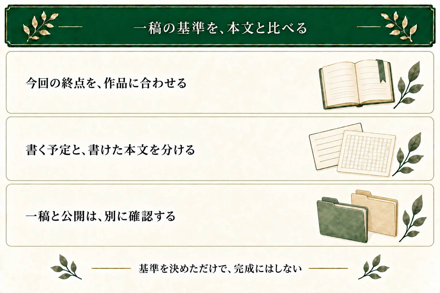 一稿の範囲は作品に合わせて決め、構成の予定と書かれた本文を区別する。一稿の完成と公開判断を分けて確認する。