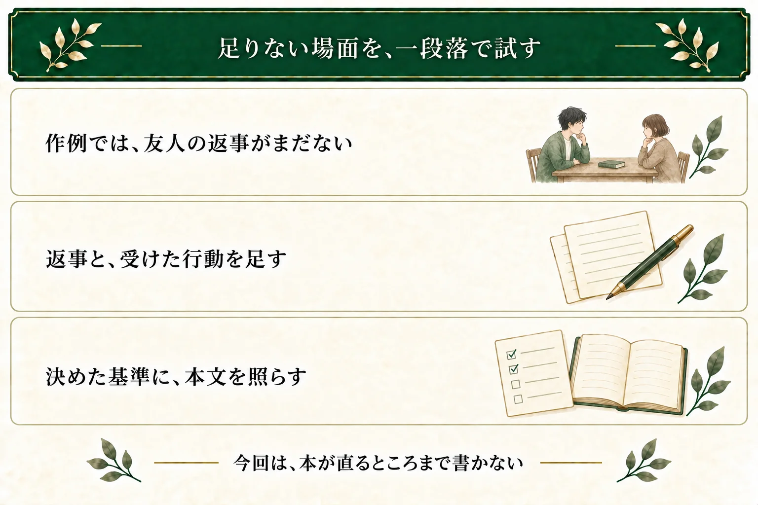 作例は友人の返事が未執筆のため、返事と主人公の行動を一段落足す。今回の終点は本を二人の間に置くところで、修復の完了ではない。