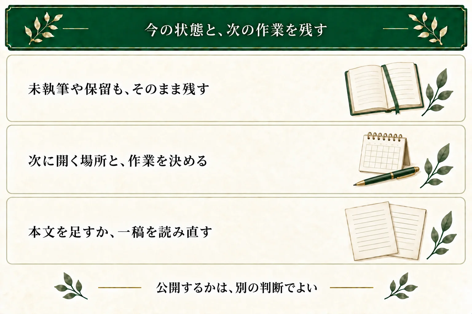 完成基準チェックに未執筆や保留を残し、次に開く箇所と作業を決める。本文を足すか、基準を満たした一稿を読み直す。公開は別に判断する。