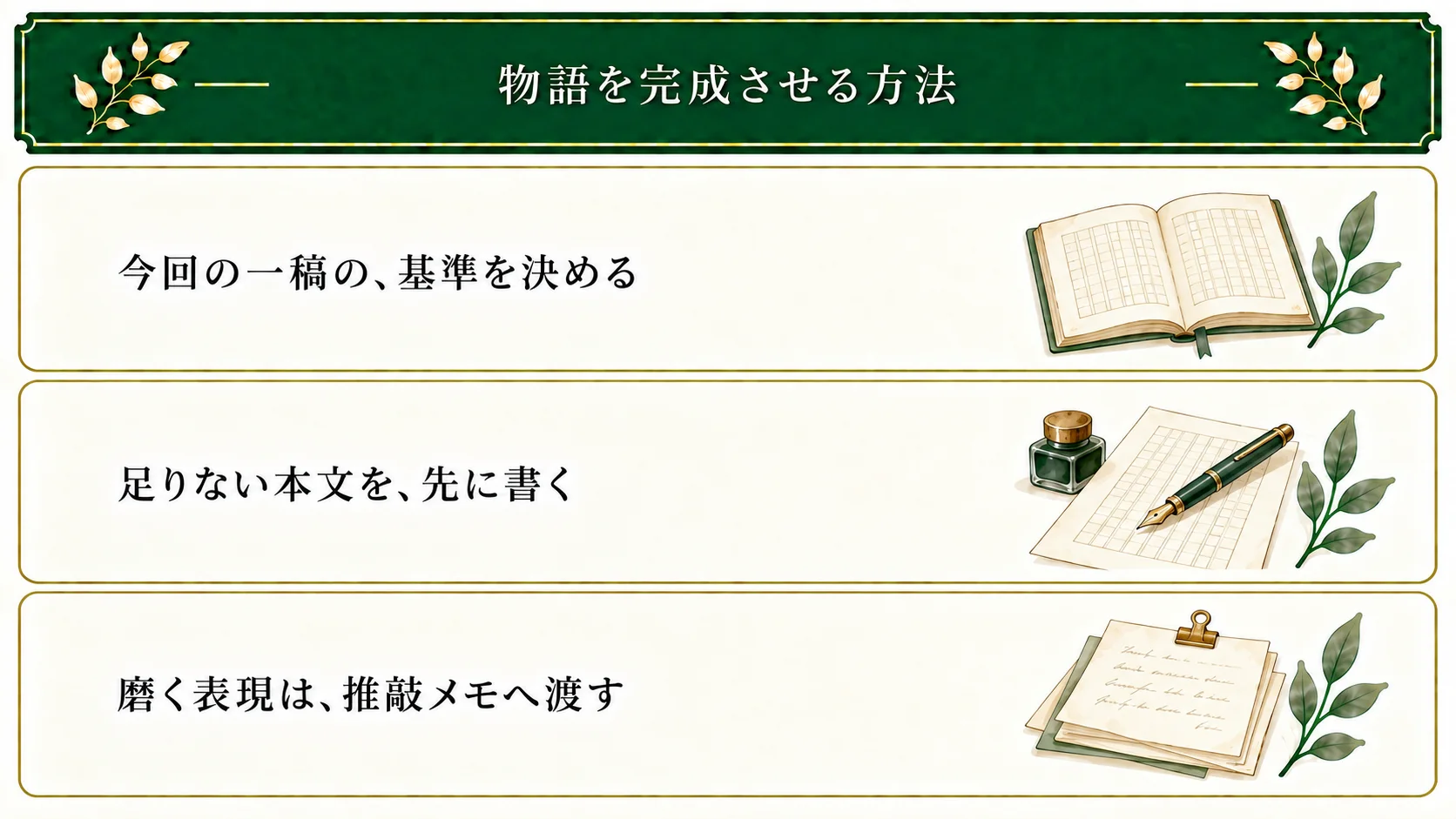 一稿の基準と現在の本文を比べ、必要な未執筆部分を先に書く。後で磨く表現は推敲メモへ渡す。