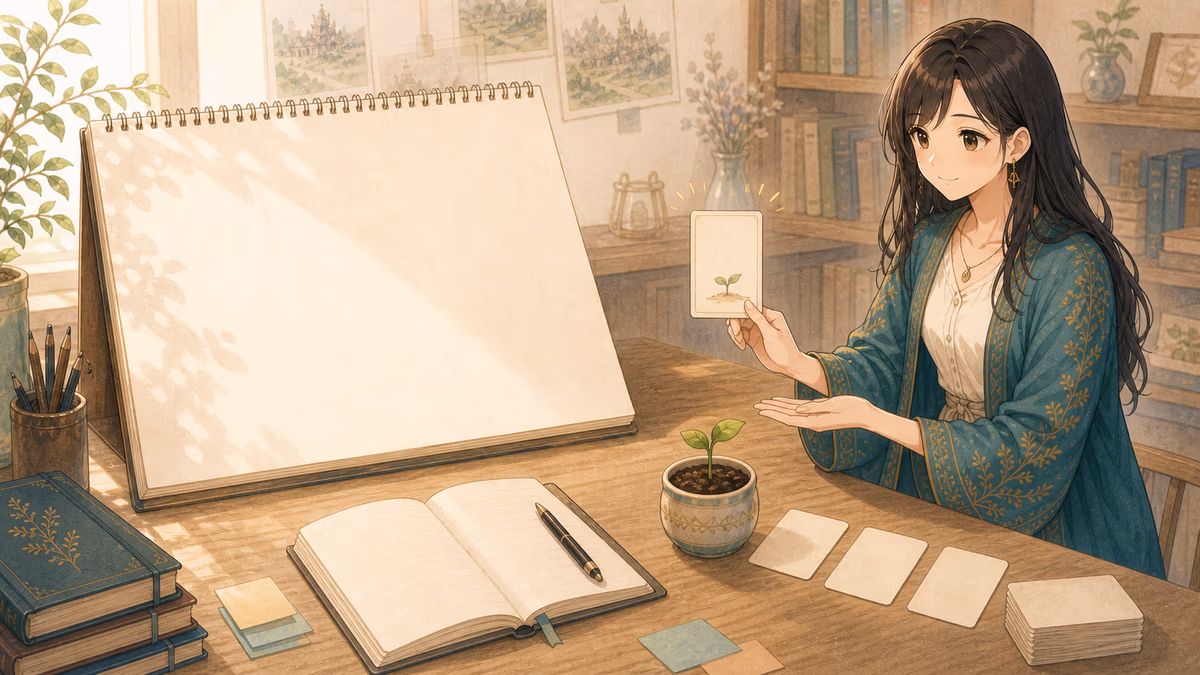 大きな白紙の前でコトハが小さな物語の種カードを示しているアトリエの挿絵
