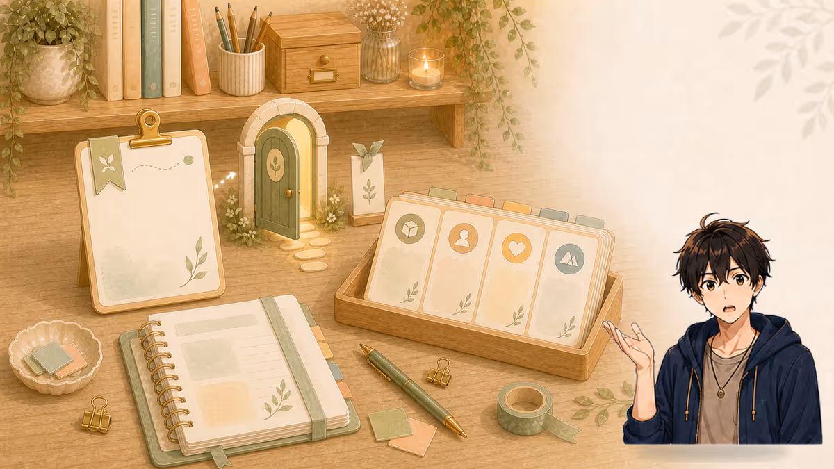 ソウマが物語の種カードをあとで戻れる入口としてまとめる創作アトリエの挿絵