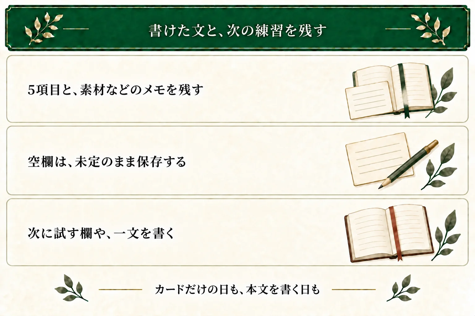 5項目に素材・理由・次回の範囲・仮タイトルを添えて保存する。空欄は未定のまま、書けた本文や次に比べる一文を残せる。