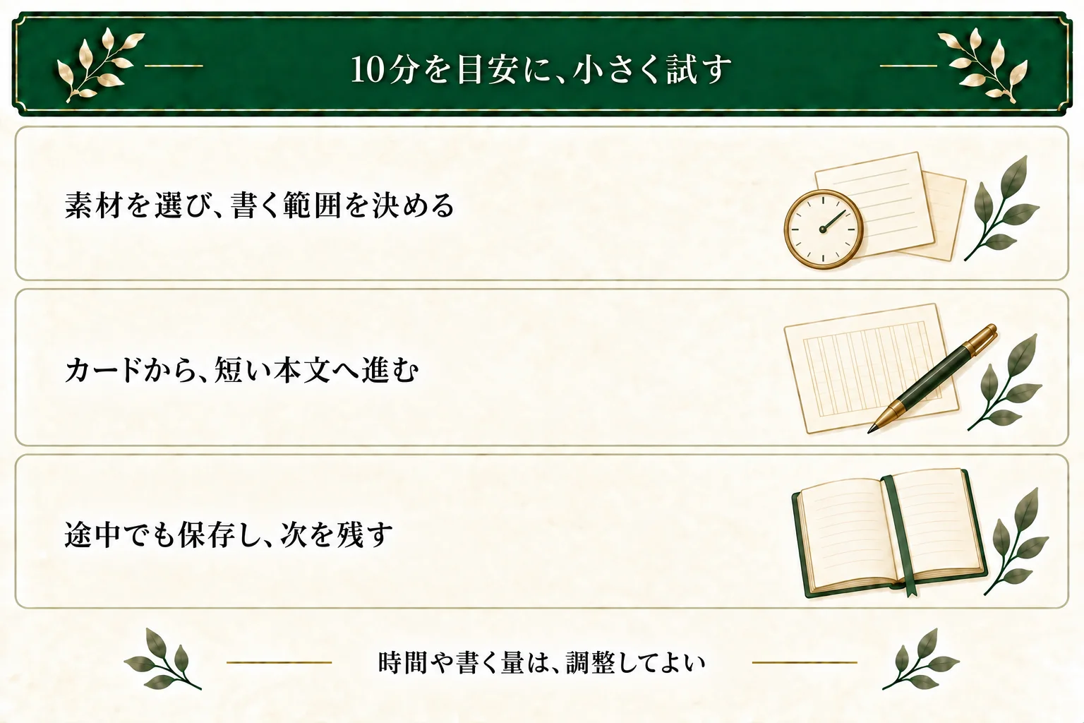 素材・種カード・短い本文・保存の順で練習する。10分は区切りの目安で、一欄だけの保存や延長もできる。