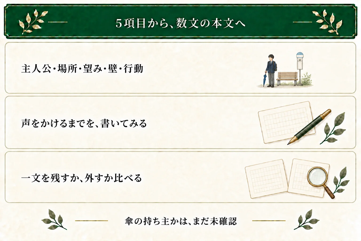 主人公・場所・望み・壁・次の行動をメモし、バス停で声をかけるまでを数文で試す。案内表示を見る一文を比べられ、傘の持ち主かは未確認のまま。