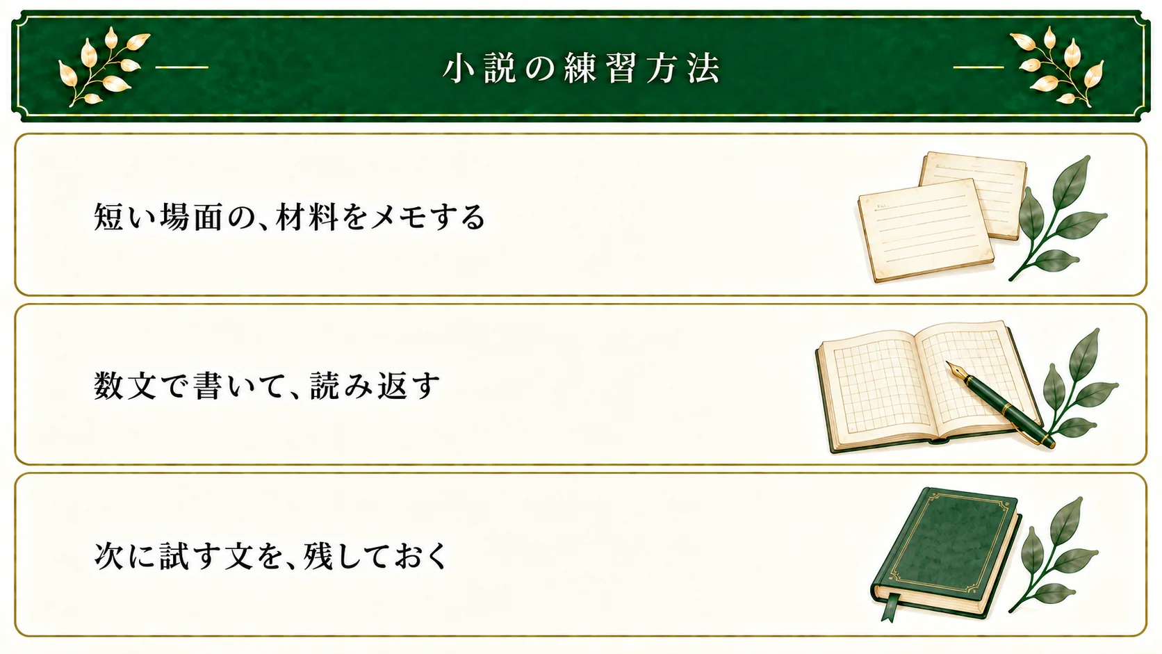 小説の練習は、場面の材料をメモし、数文で書いて読み返し、次に試す文を残す単位で行う。10分は目安で調整できる。