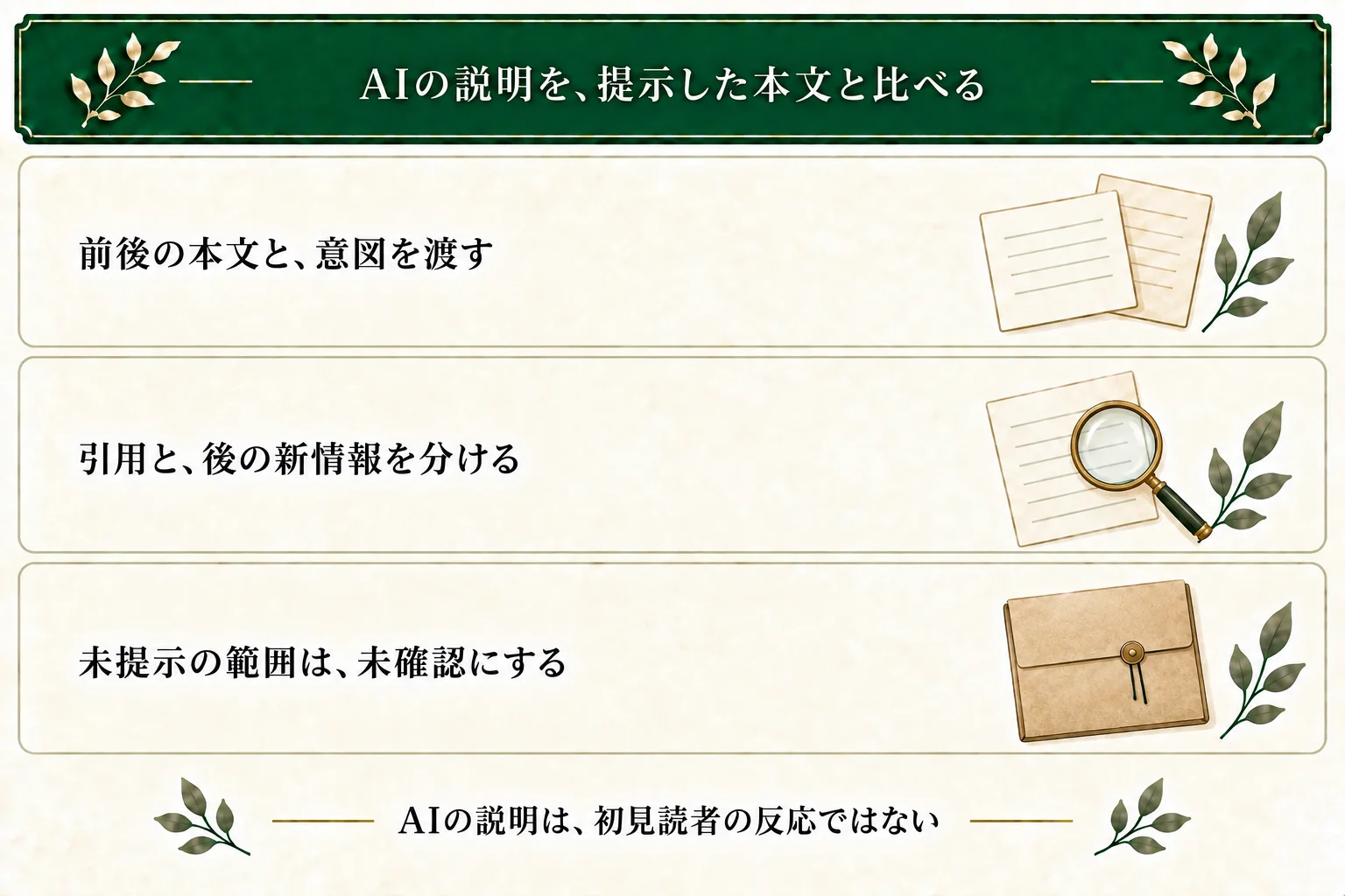 AIへ前後の本文を渡し、引用から確かめられることと後の新情報を分ける。抜粋にないことは未確認とし、AIの説明を実際の読者の反応と混同しない。
