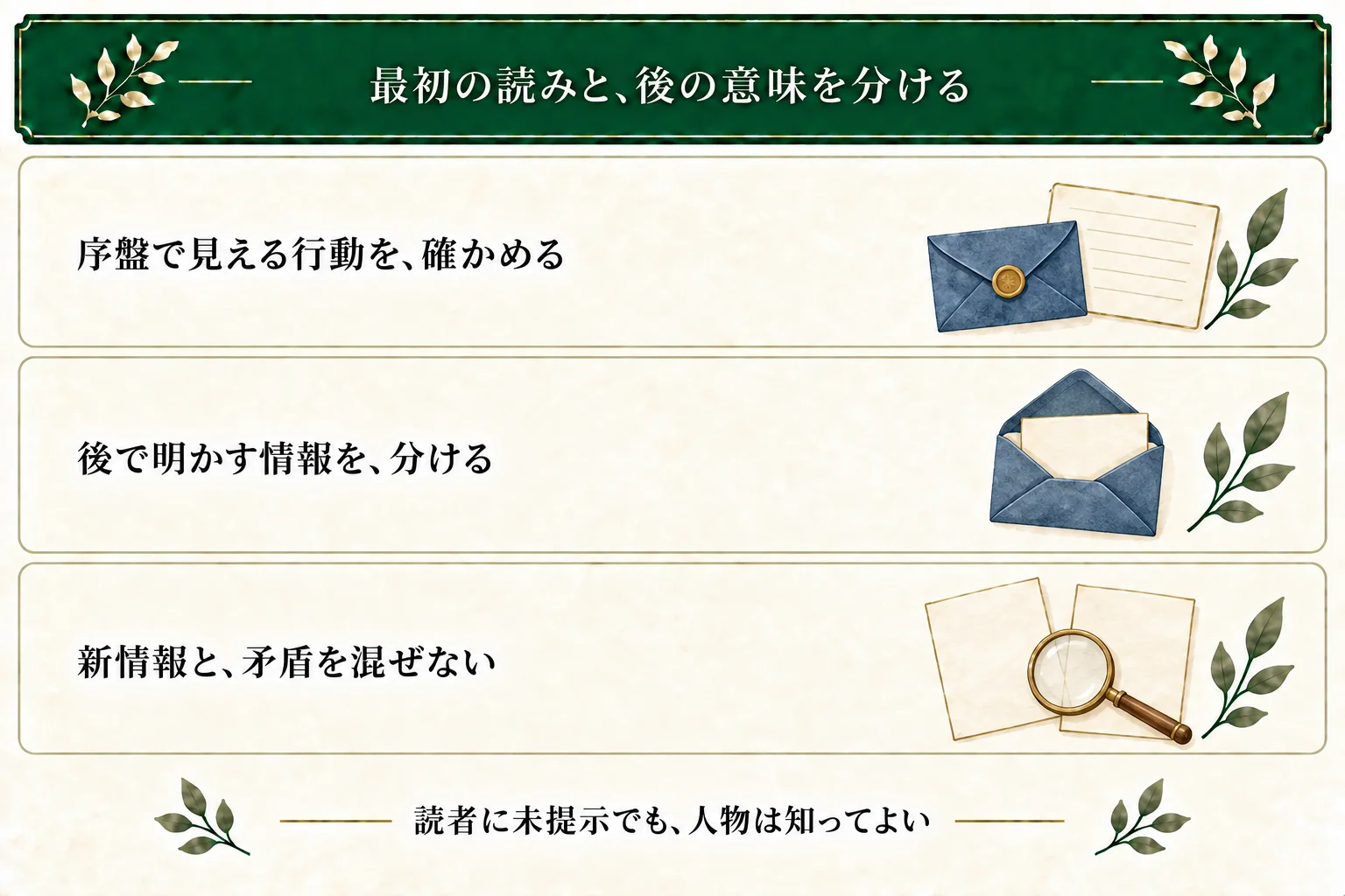 序盤で見える行動と後で初めて明かす情報を分ける。新情報を出すこと自体と、前の本文との矛盾は別に考える。