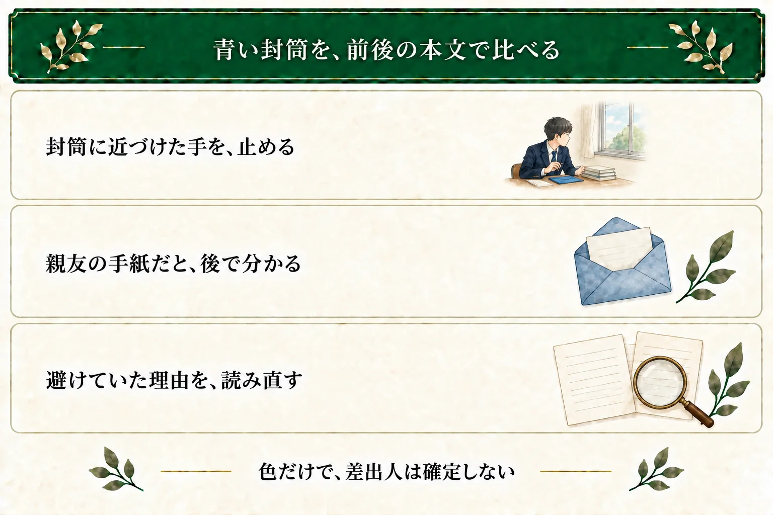 序盤では封筒へ伸ばした手を止める行動を見せ、後で親友からの手紙を恐れて避けていたと明かす。封筒の色だけで差出人を特定できるわけではない。