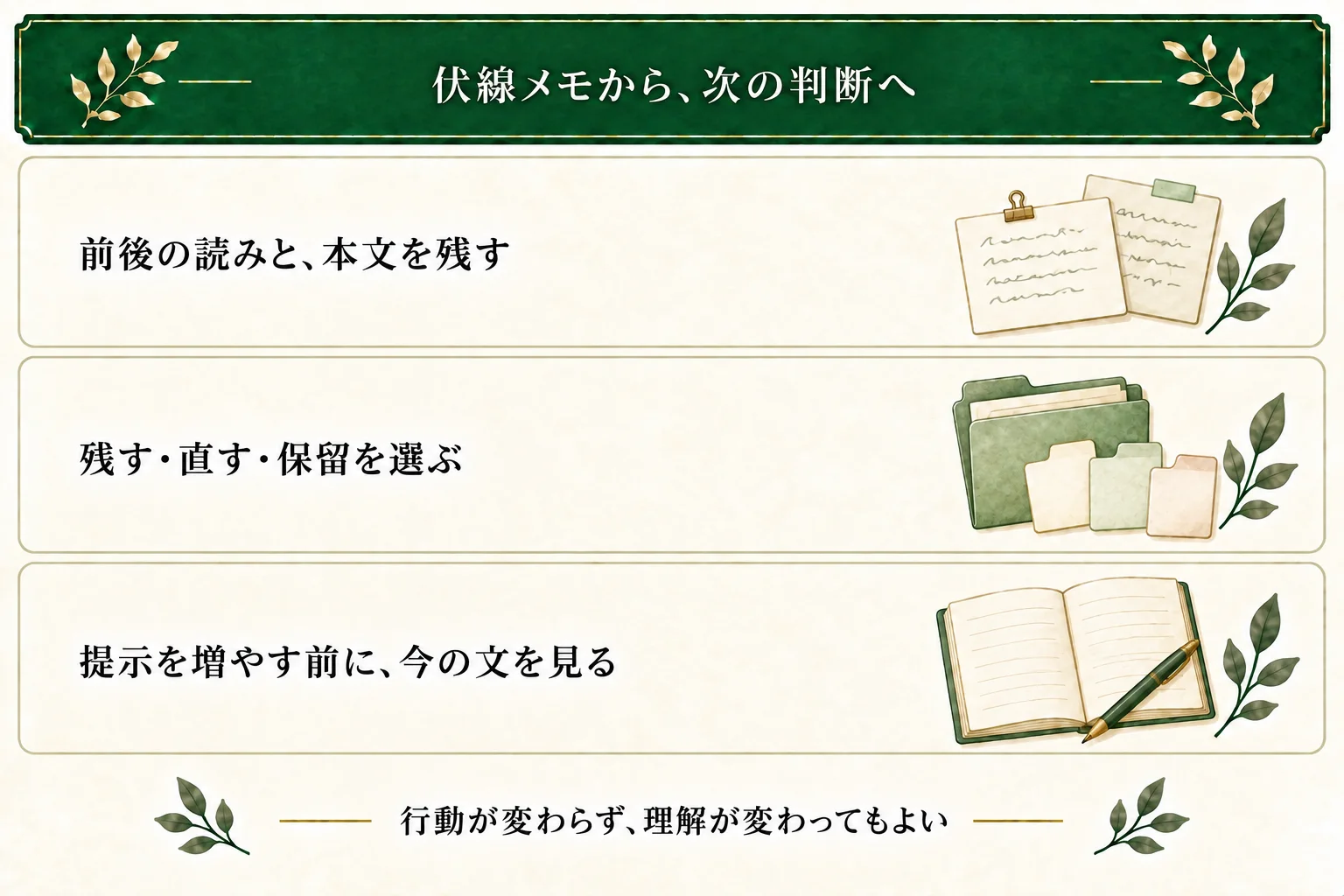 伏線メモに前後の読みと本文を残し、今のまま残す・修正する・保留する判断を選ぶ。提示を増やすことや、主人公の外向きの行動変化を必須にしない。