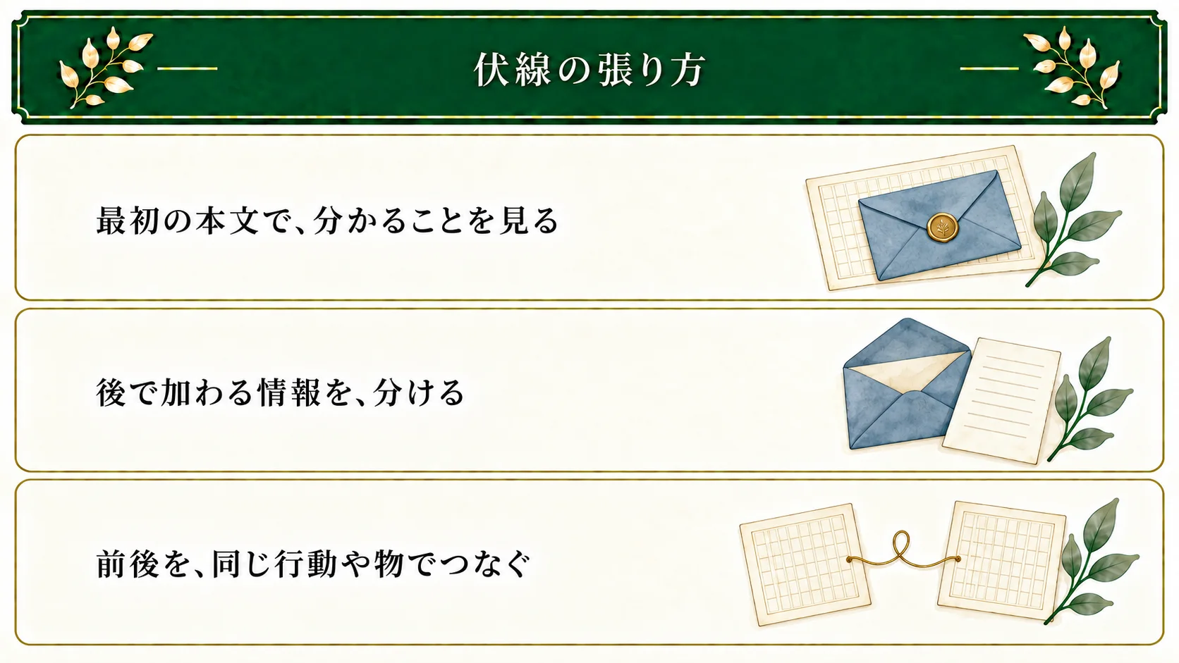 伏線は最初の本文で分かることと後で加わる情報を分け、同じ行動や物が前後の読みにつながるかを比べる。
