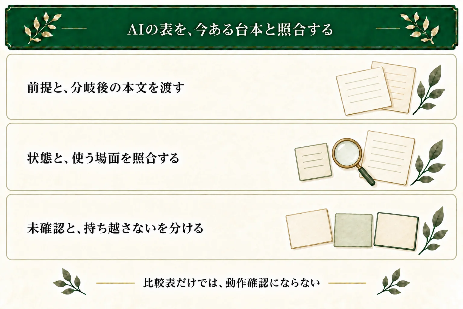 AIには条件と台本、初期状態、後続本文、未決定のことを渡す。未提示の情報と、意図して保持しない差を区別し、ゲームの動作確認は別に行う。