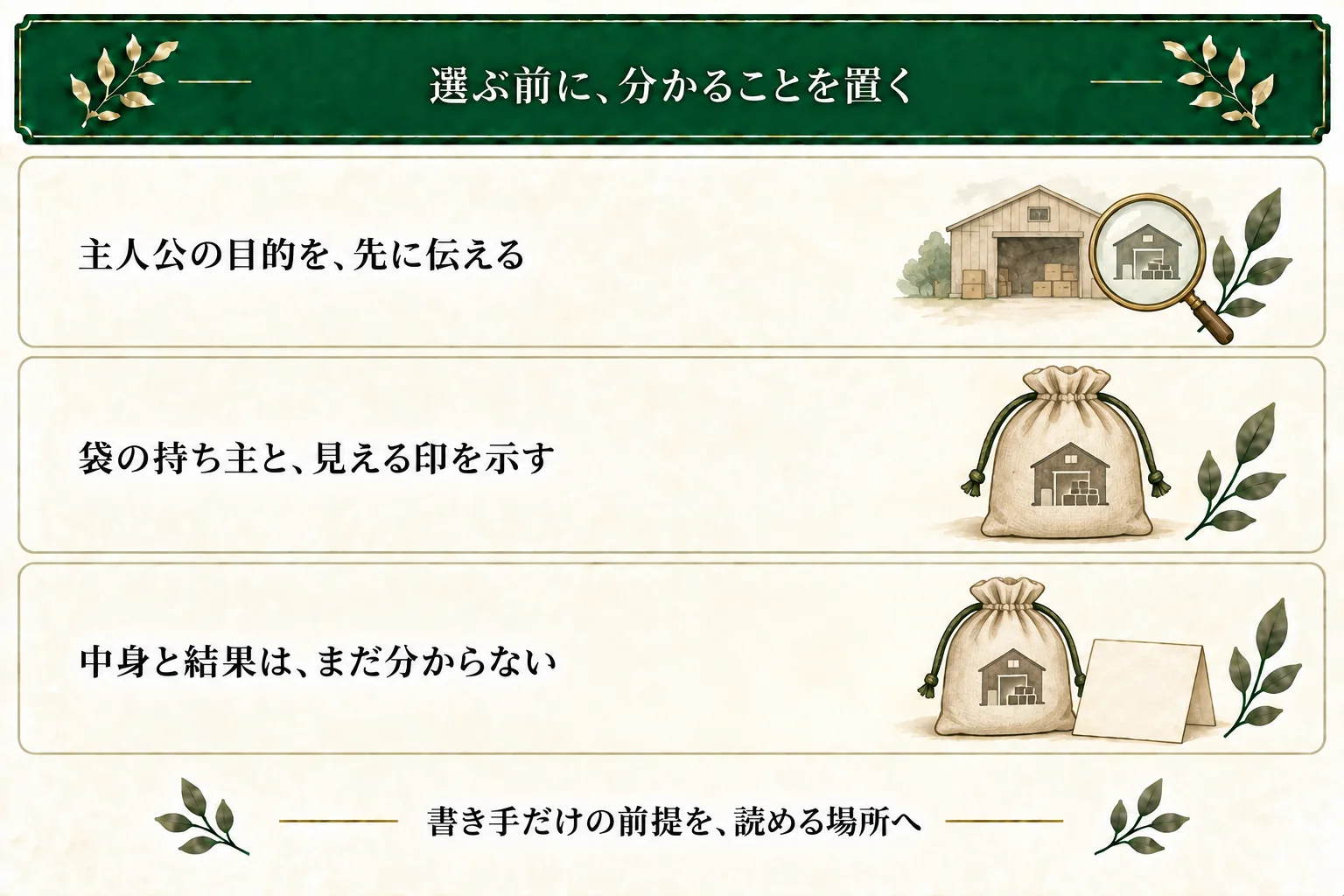 倉庫を調べたい目的、落とし主を見ていたこと、袋の外から見える印を先に伝える。中身や持ち主の反応はまだ分からない。