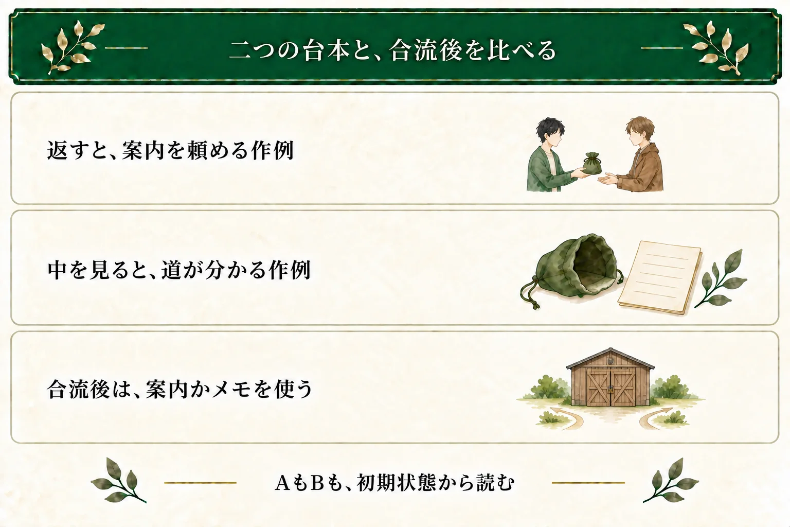 作例のAは袋を返して案内を頼める状態、Bはメモで道を知る状態になる。倉庫の正面に合流した後、Aは案内され、Bはメモを頼りに進む。