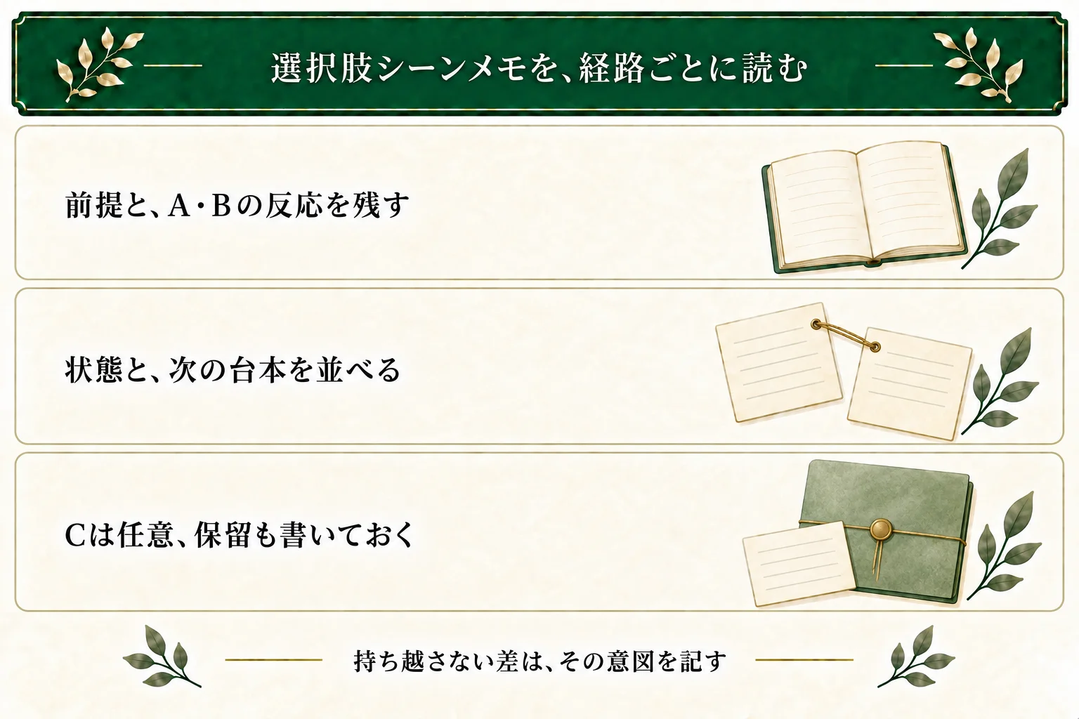 メモに条件、AとBの台本、保持する状態、次の場面を残す。二択ならCは空欄にでき、合流しない設計や持続する差なし、保留も記録する。