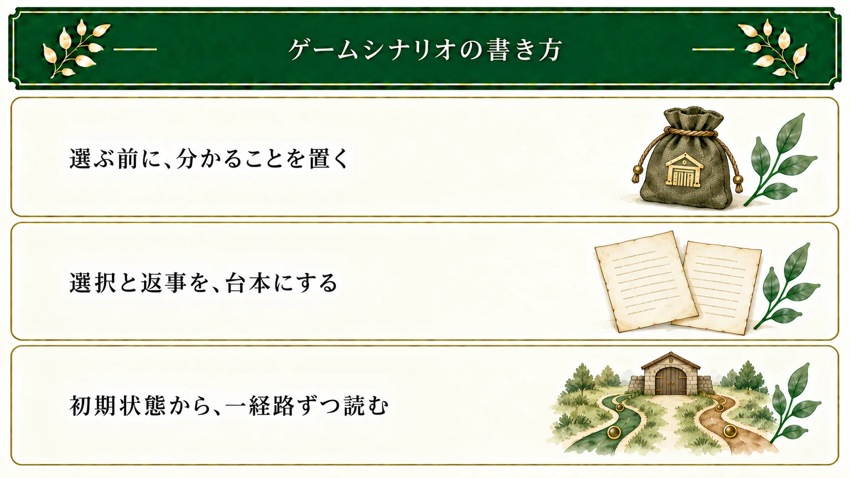 ゲームシナリオの一場面は、選ぶ前の情報、選択と反応の台本、初期状態から各経路を読む確認の順で設計する。