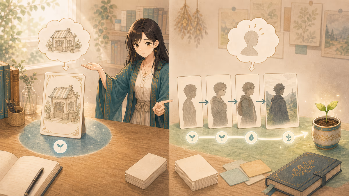 コトハが静かなアイデアカードから主人公の変化へ進む道筋を示すアトリエの挿絵