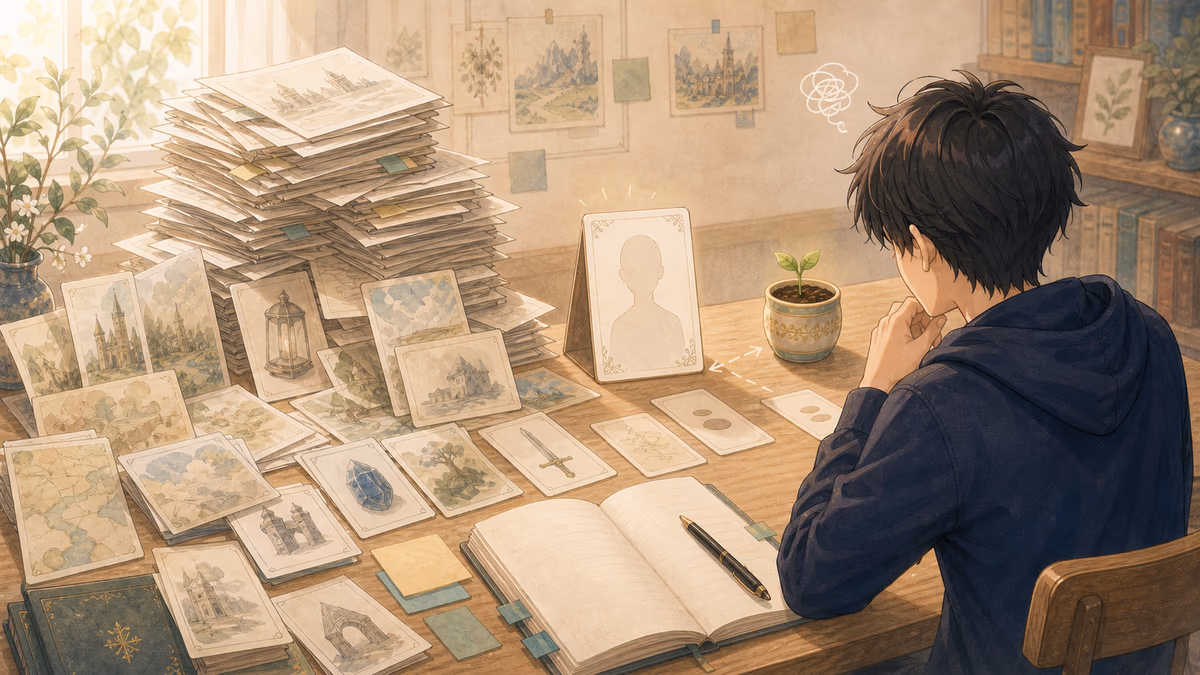 ソウマが積み上がった設定カードと空の主人公カードを見比べているアトリエの挿絵