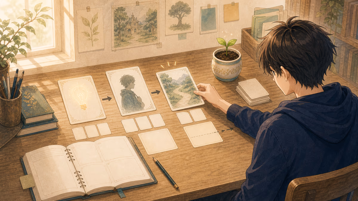 ソウマがアイデアから次に書く場面までのカードを並べているアトリエの挿絵