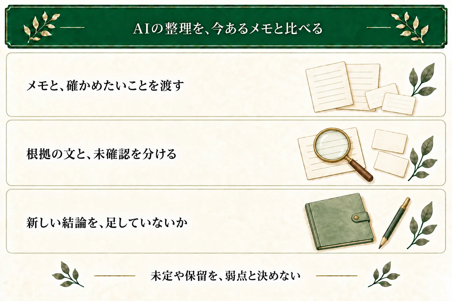 AIには今あるメモや本文、意図と未定の部分を渡す。根拠と未確認を分け、書いていない和解や完成まで結論に加えていないか照合する。