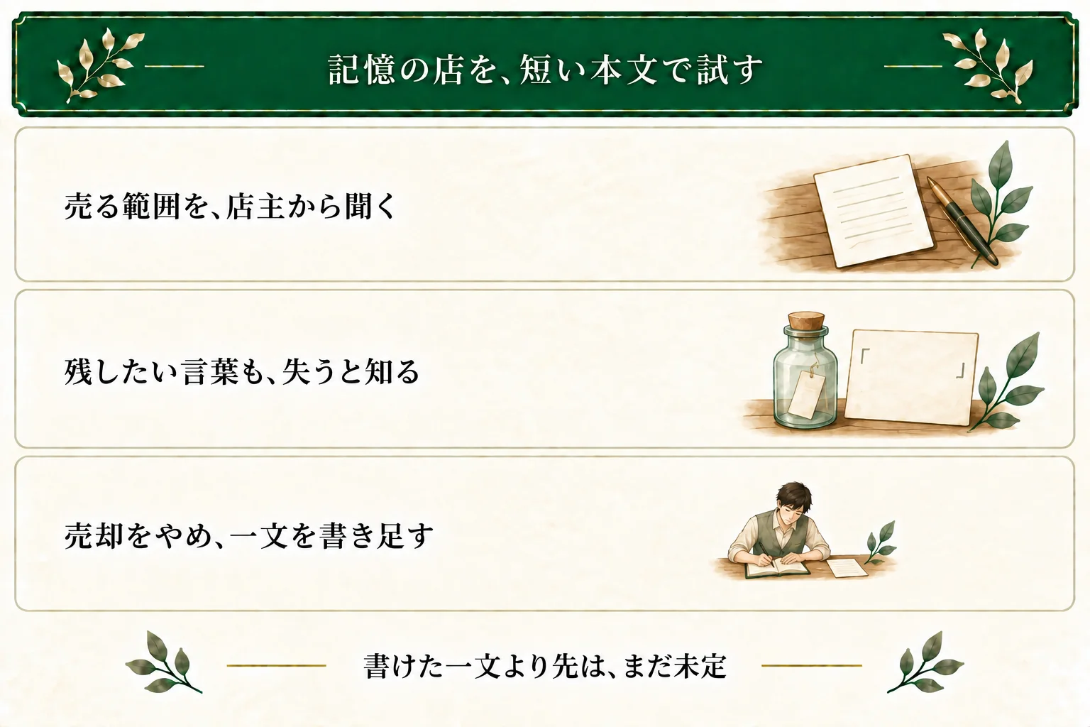 青年は一つの出来事全体を売る条件を聞き、残したい友人の言葉も失うと気づく。署名せず書類を返し、ノートに続きを一文書く。
