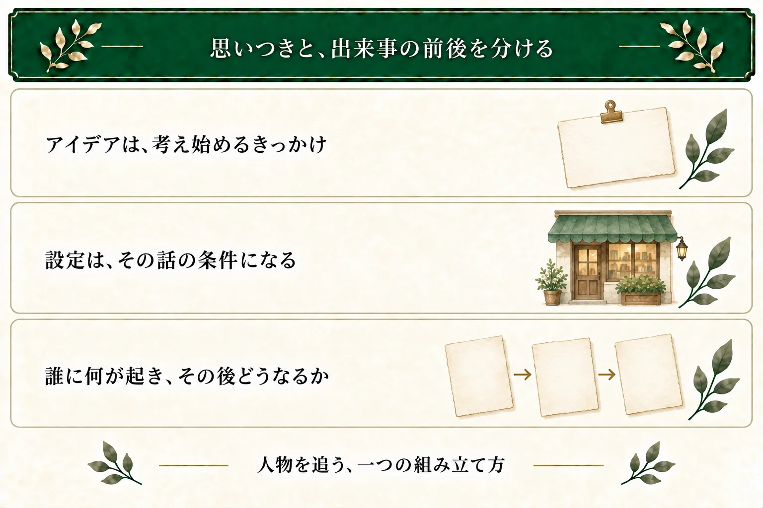 アイデアは物語を考えるきっかけ、設定は条件。人物に何が起きその後どうなるかをつなぎ、物語案へ育てる。