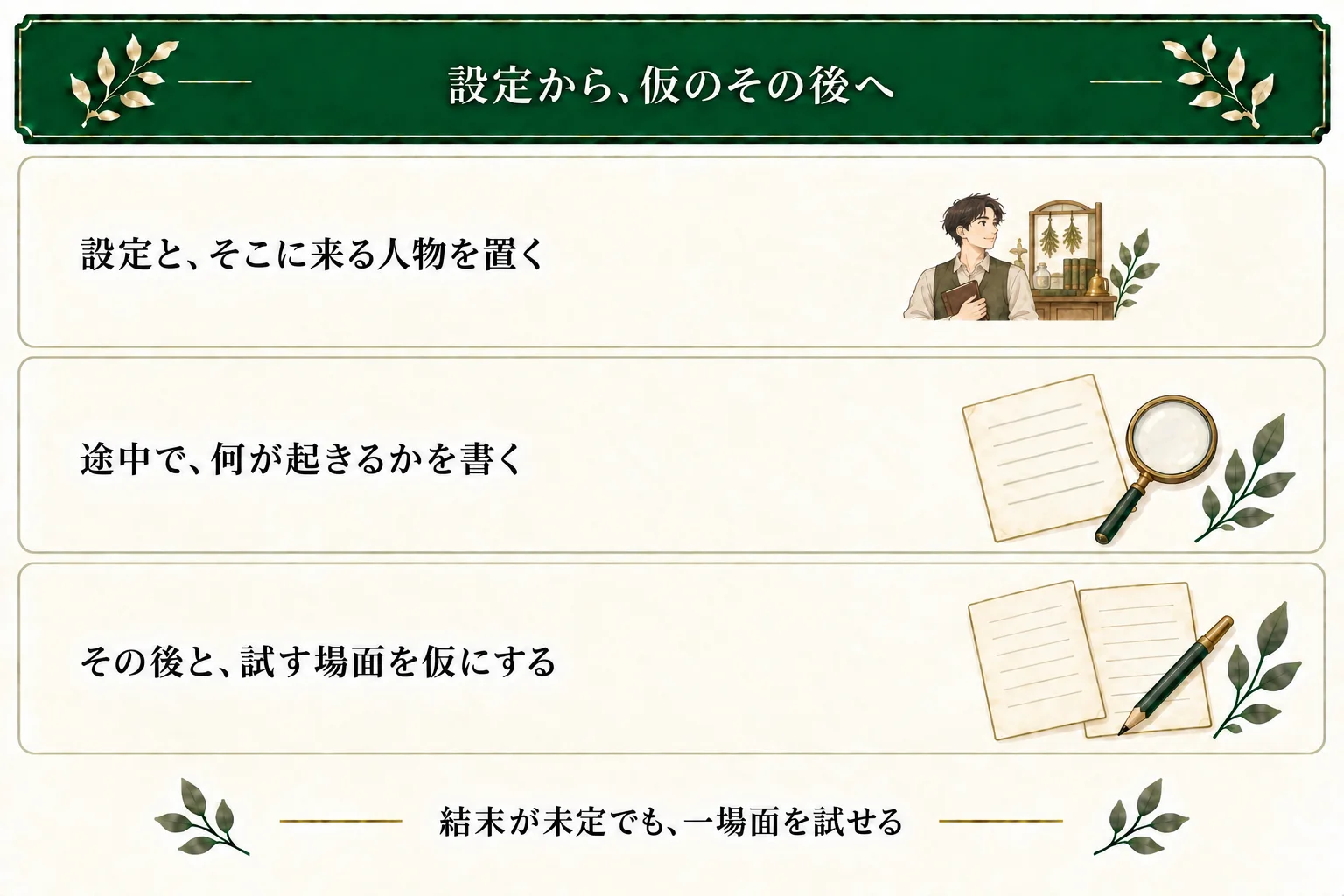 設定と人物を置き、途中の出来事と仮のその後を考える。四つを確定させる前でも、取引条件を聞く一場面から書ける。