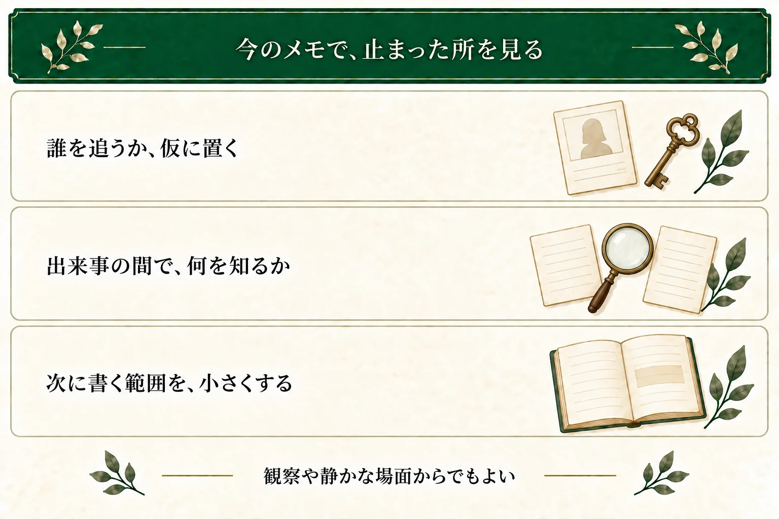 誰を追うか、出来事の前後を何がつなぐか、次に書く範囲は広すぎないかを確認する。静かな観察の場面も選べる。