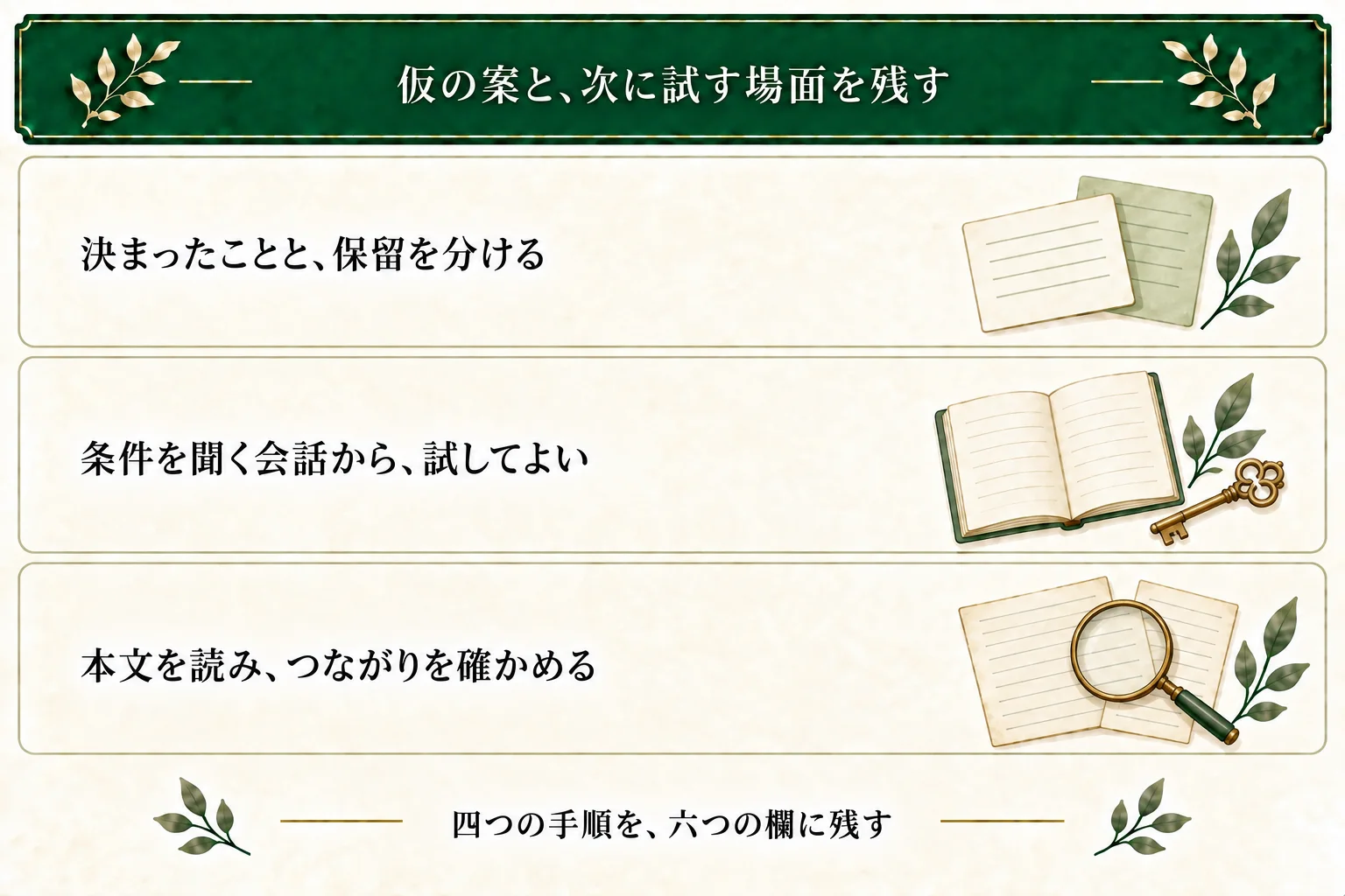 変換シートの六つの欄に人物と望み、途中の出来事、仮のその後、次に書く場面を分けて記録する。結末や壁は保留にできる。