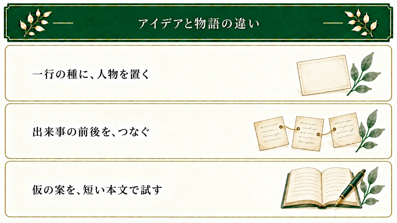 一行の思いつきに人物を置き、出来事の前後をつなぐ。仮の物語案を短い本文で試し、未定の部分も残す。