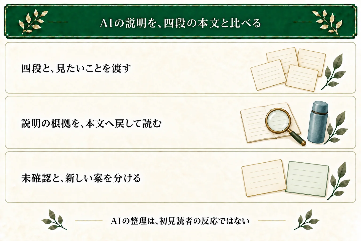 AIには四段と確認したいことを渡し、根拠の文を照合する。本文にない祖父の事情や手紙を置く行動を勝手に補っていないか確認する。