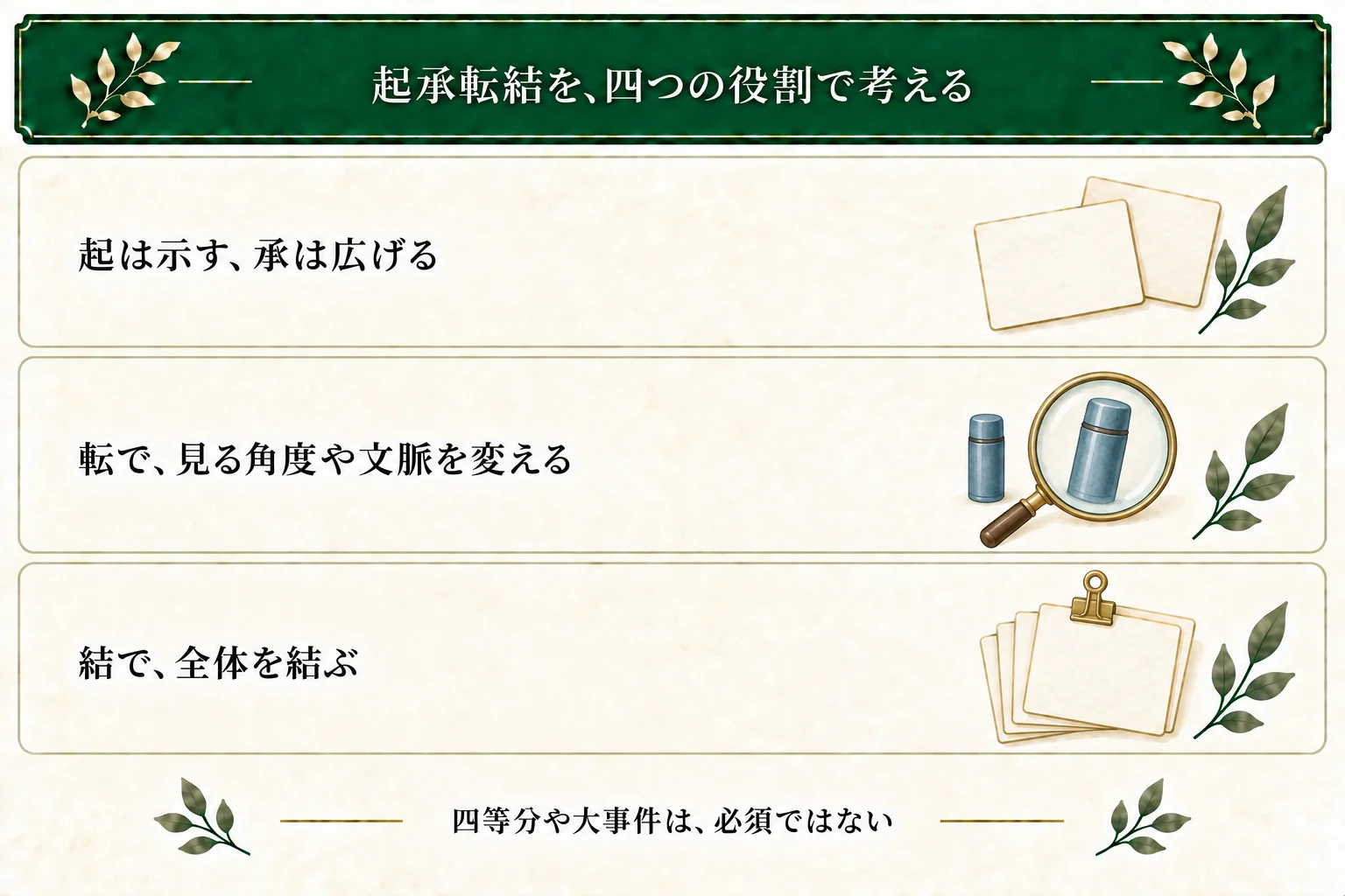 起は見る材料を示す、承は広げる、転は角度や文脈を変える、結は全体を結ぶという役割で考える。本稿では同じ物の見え方を比べる。