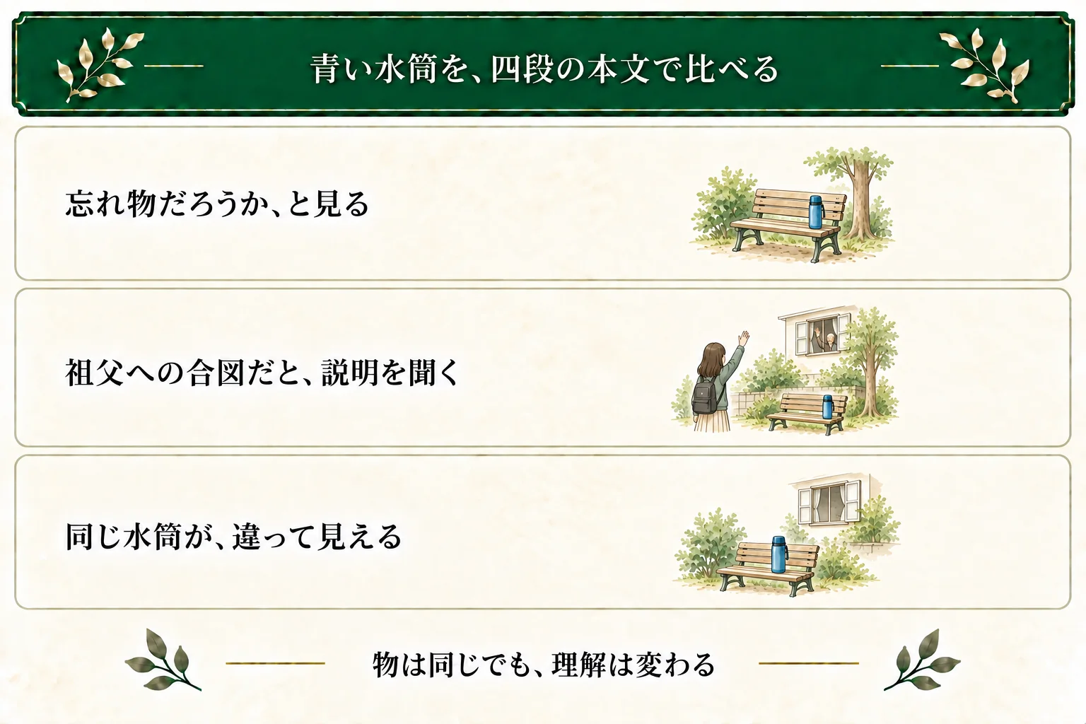 起と承ではベンチの水筒を忘れ物かもしれないと見る。転で持ち主の説明と窓から振り返す手を見て、祖父への合図だと分かる。結では同じ物への理解が変わる。