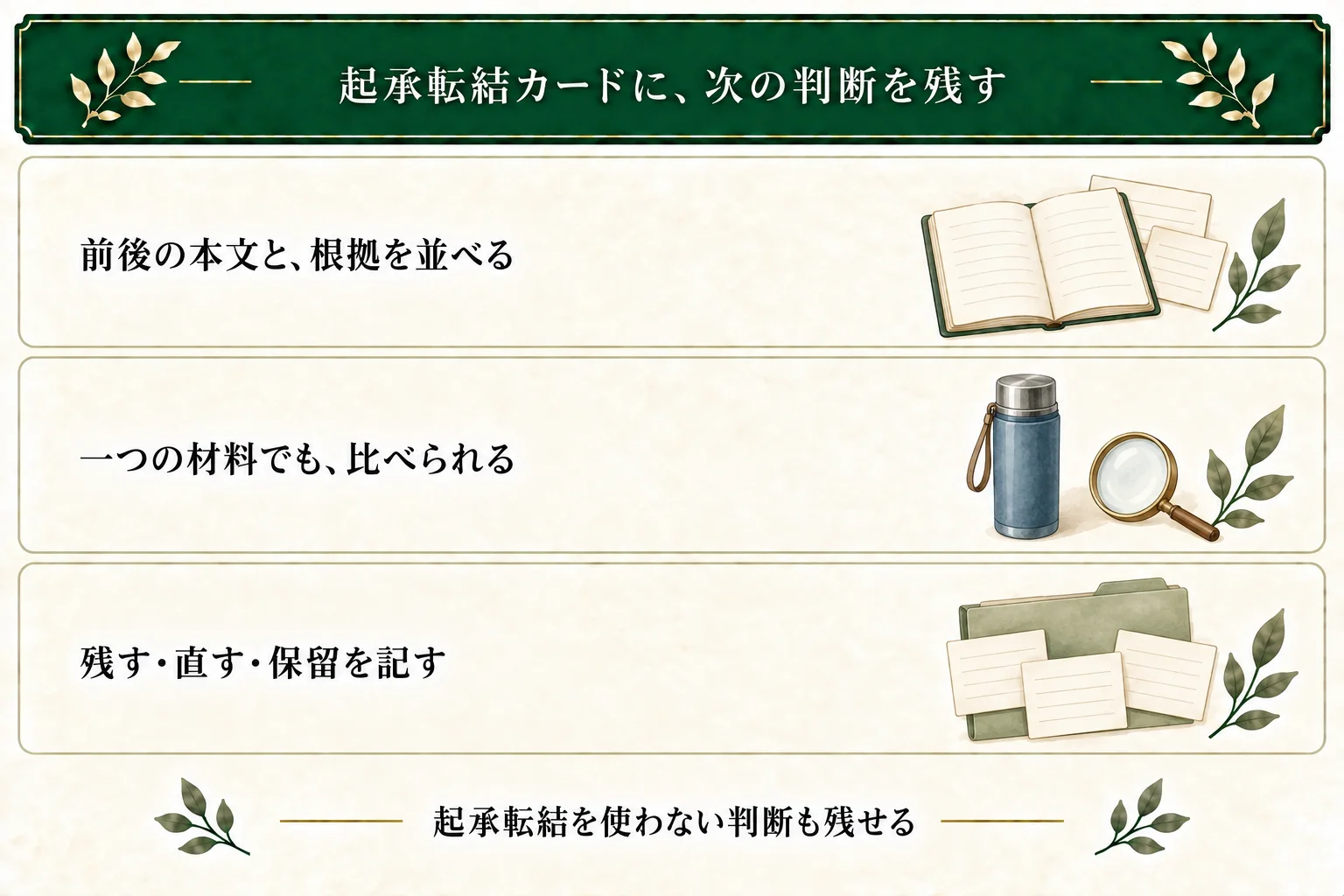 カードに四段、見え方が変わる根拠、結が受ける材料を残す。材料は一つでもよく、現状維持・保留・起承転結を使わない判断も保存する。