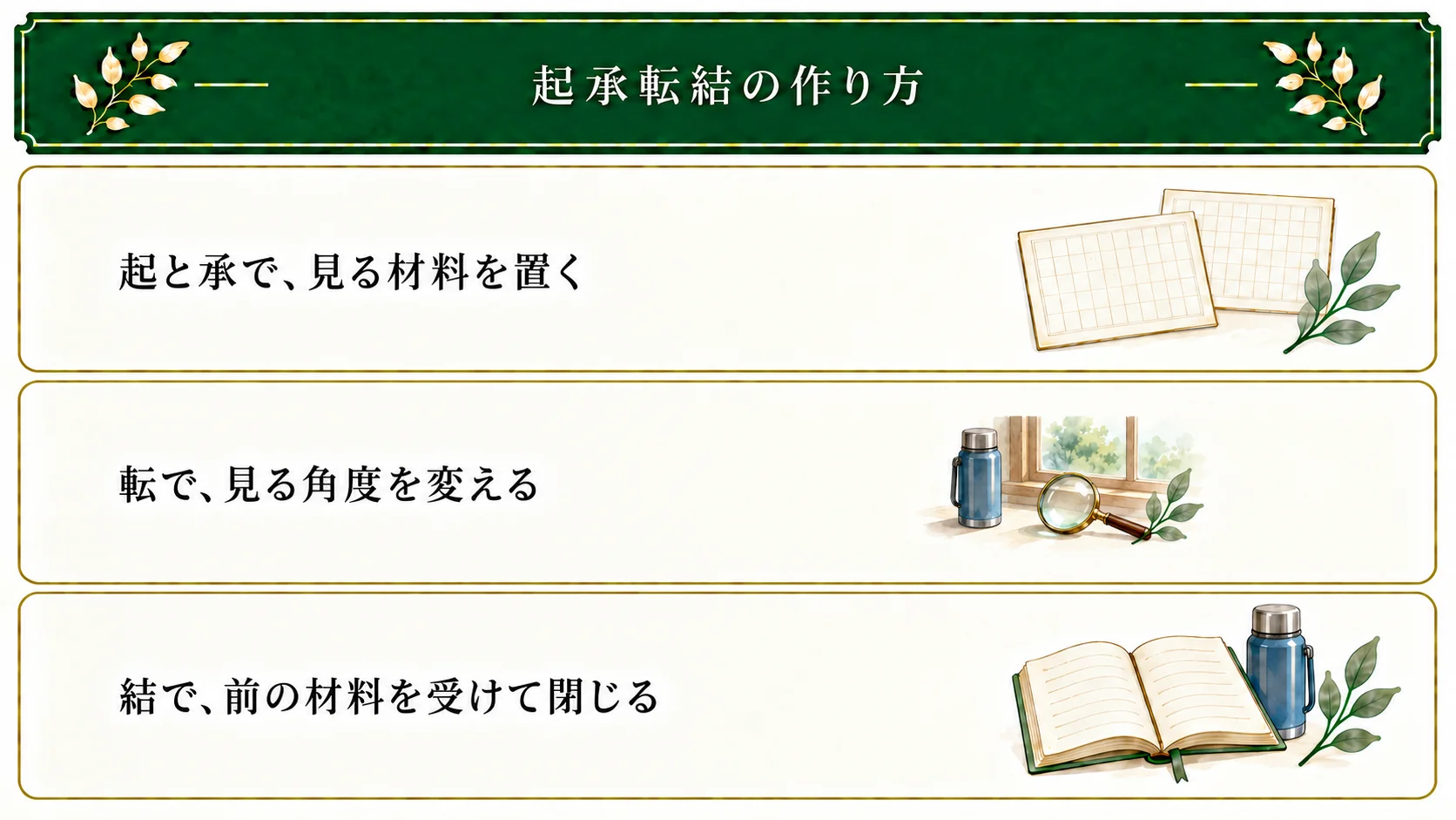 起と承で材料を示して広げ、転で見る角度や文脈を変え、結で全体を結ぶ。四等分や大事件を一律の条件にしない。