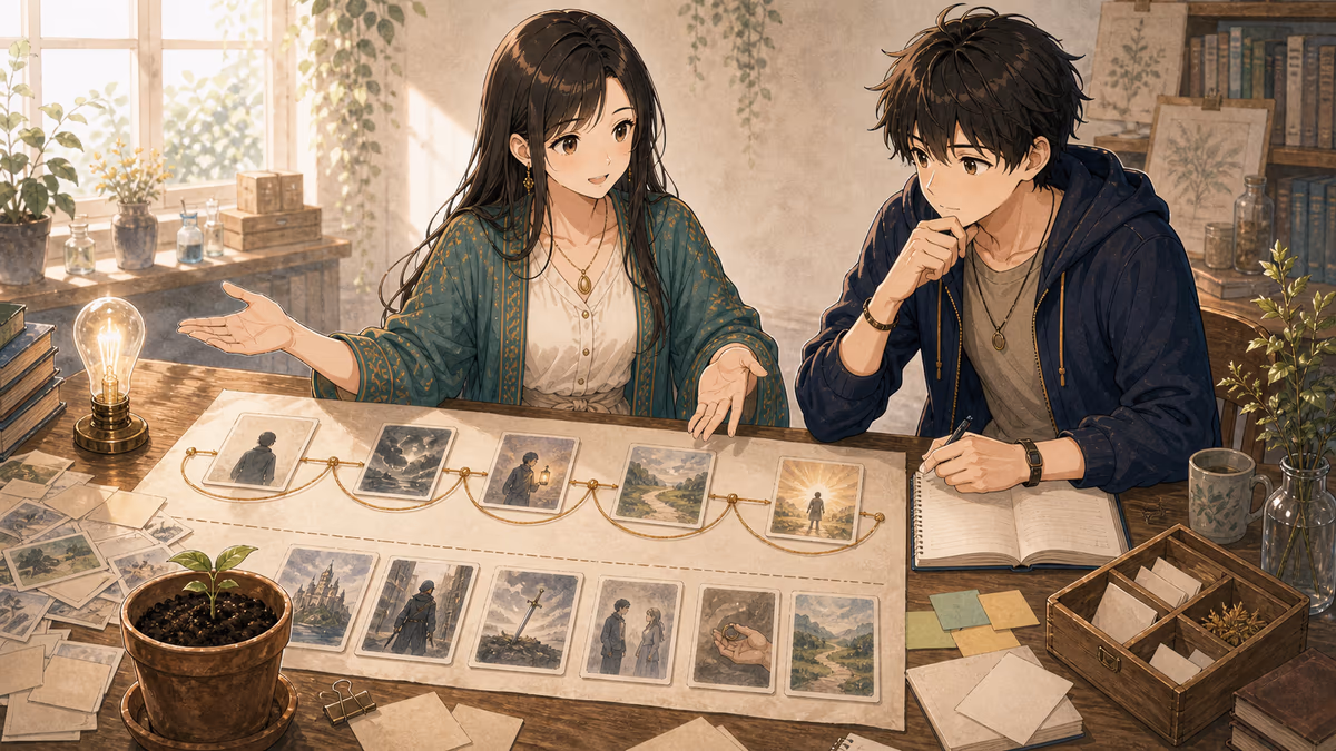 コトハが表面のカードではなく糸でつながる構造カードを示しているアトリエの挿絵