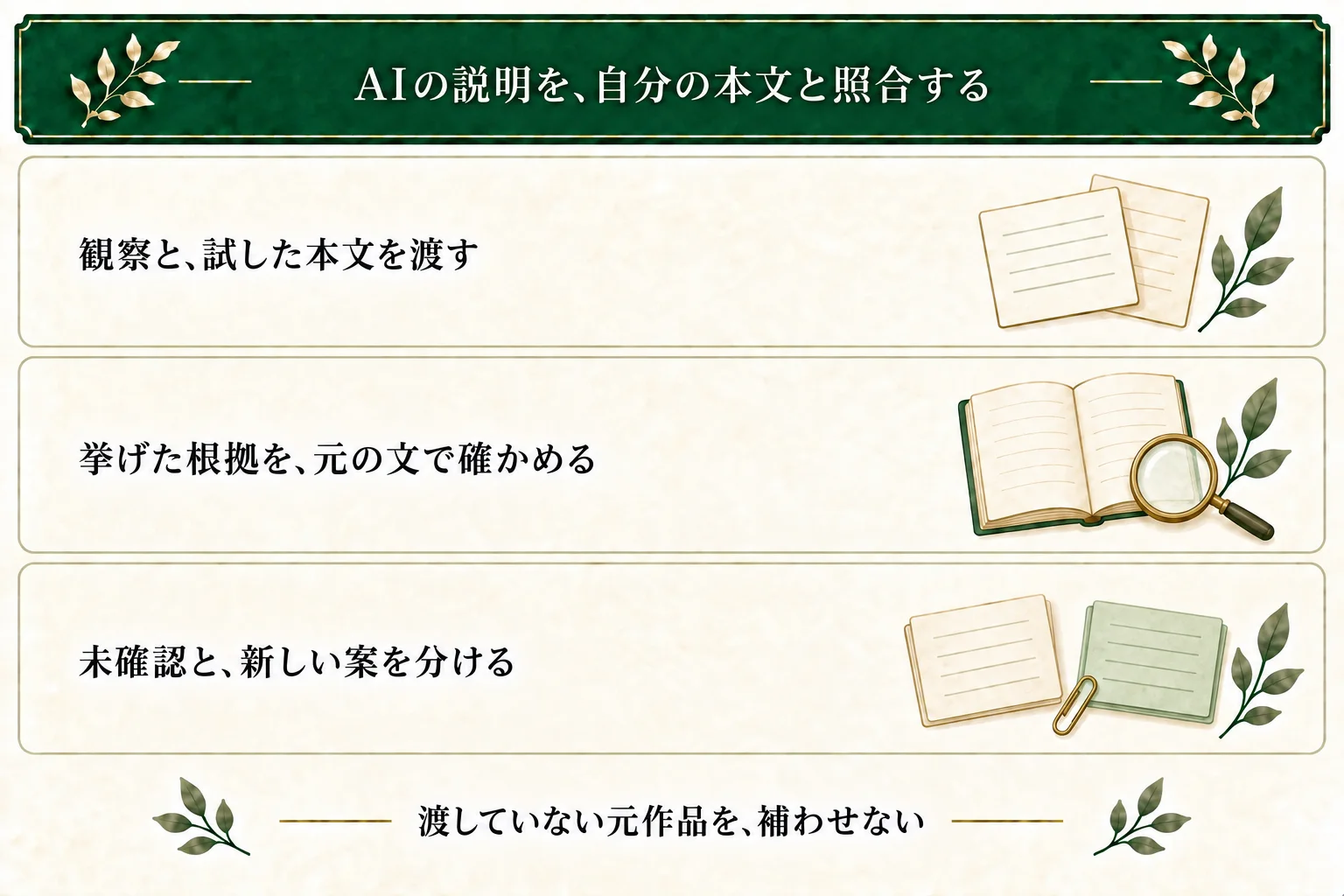 AIへ渡す範囲を明確にし、説明の根拠を自分の本文に戻って確かめる。まだ書いていない参加者の反応などは未確認として分ける。