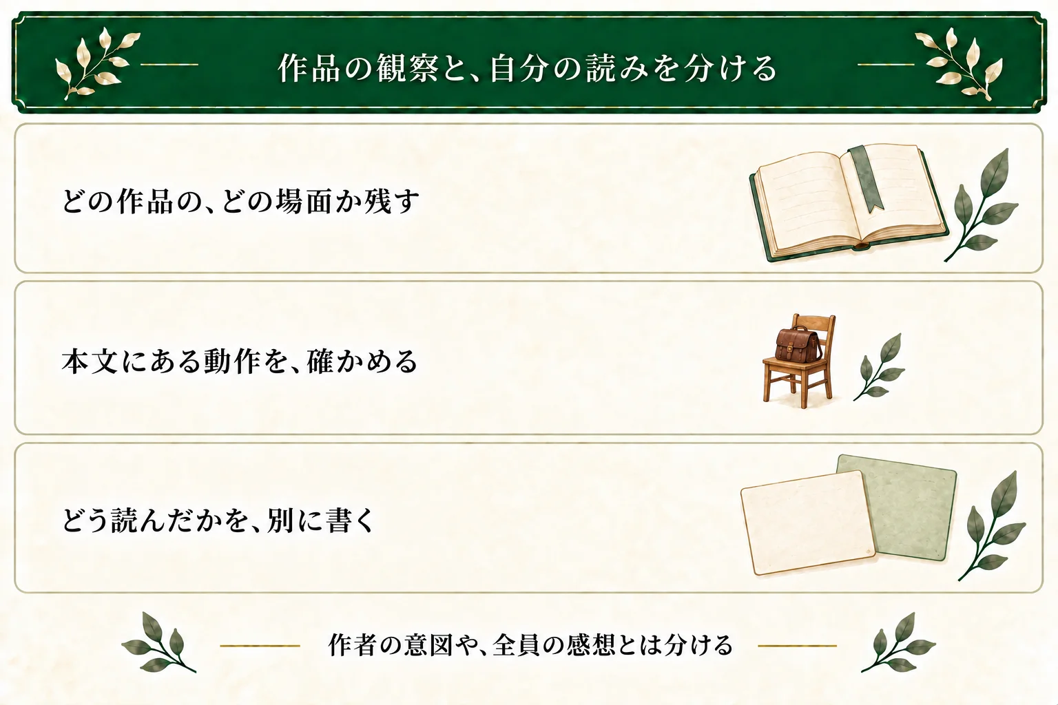 作品名や場面を記録し、本文にある動作と自分の受け取りを分ける。椅子に鞄を置く、下ろして椅子を引くという動作が根拠になる。