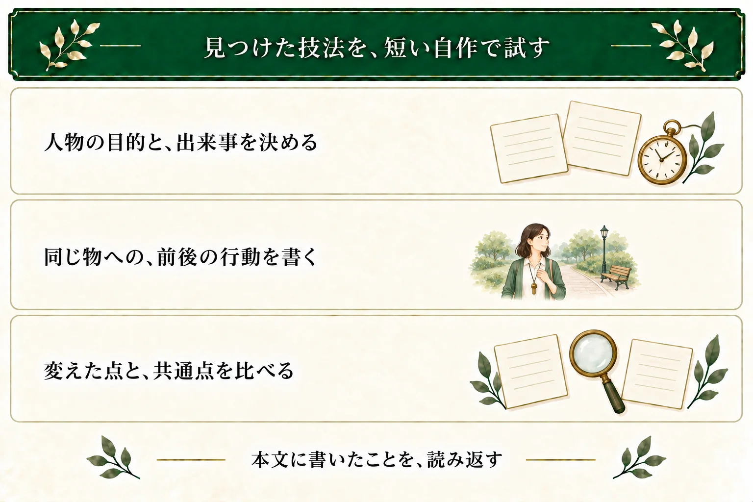 散歩会を定刻に出したい係が、靴ひもを結ぶ人に気づき、笛を吹かずに待つと伝える。前後の動作を書いて、元の作例と変えた点・共通点を比べる。