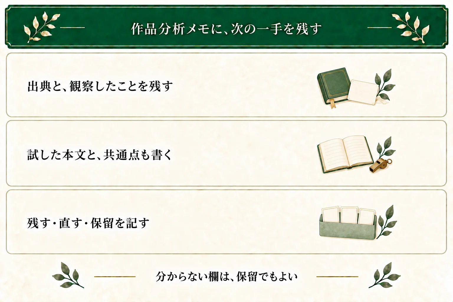 作品分析メモに出典、観察、効果の仮説、試す条件と本文、自作で変えた点と共通点を記録し、次の判断を残す。空欄や保留も保存できる。