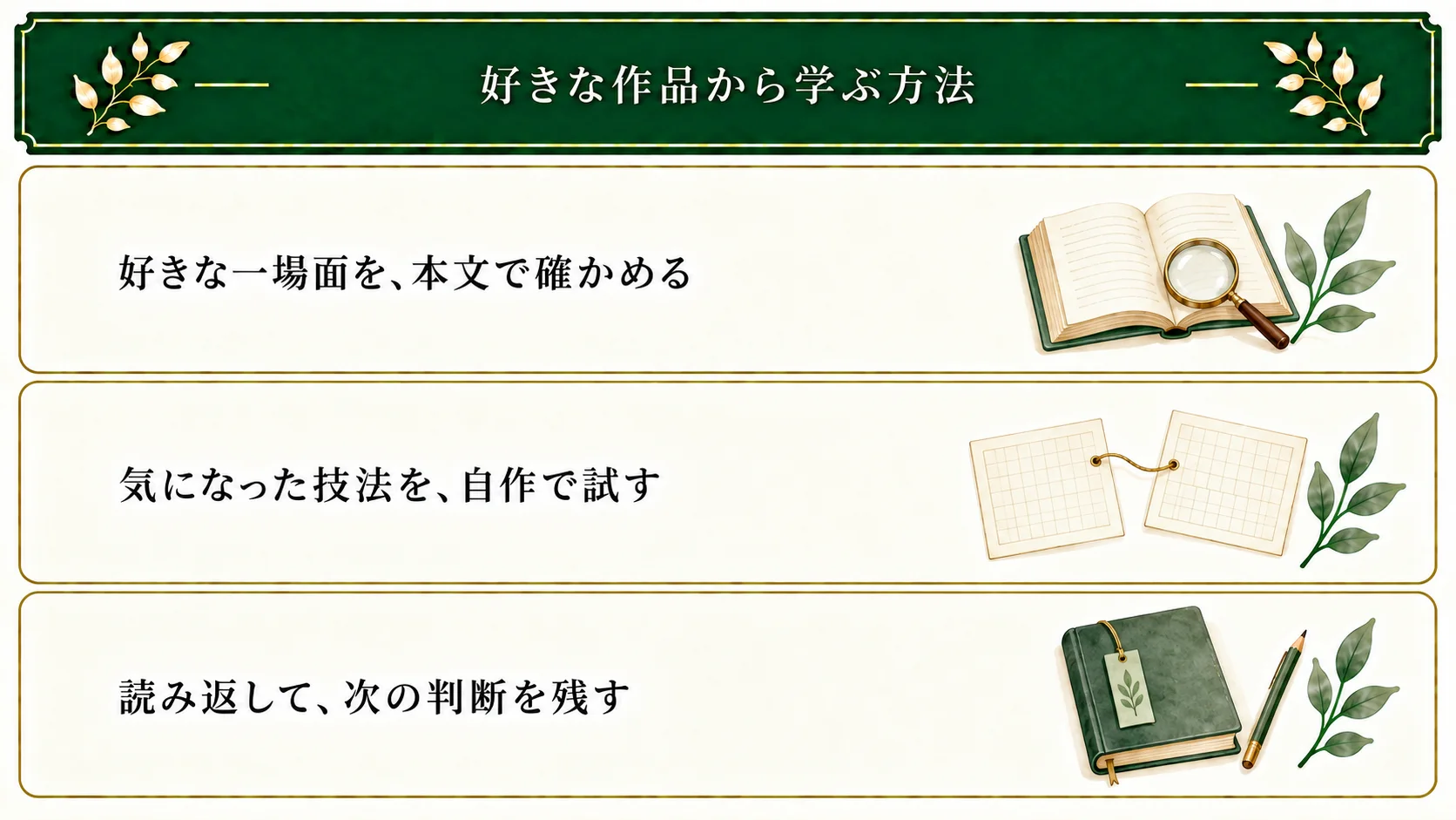 好きな一場面の観察と自分の読みを分け、気になった技法を短い自作で試す。本文を読み返し、残す・直す・保留を判断する。