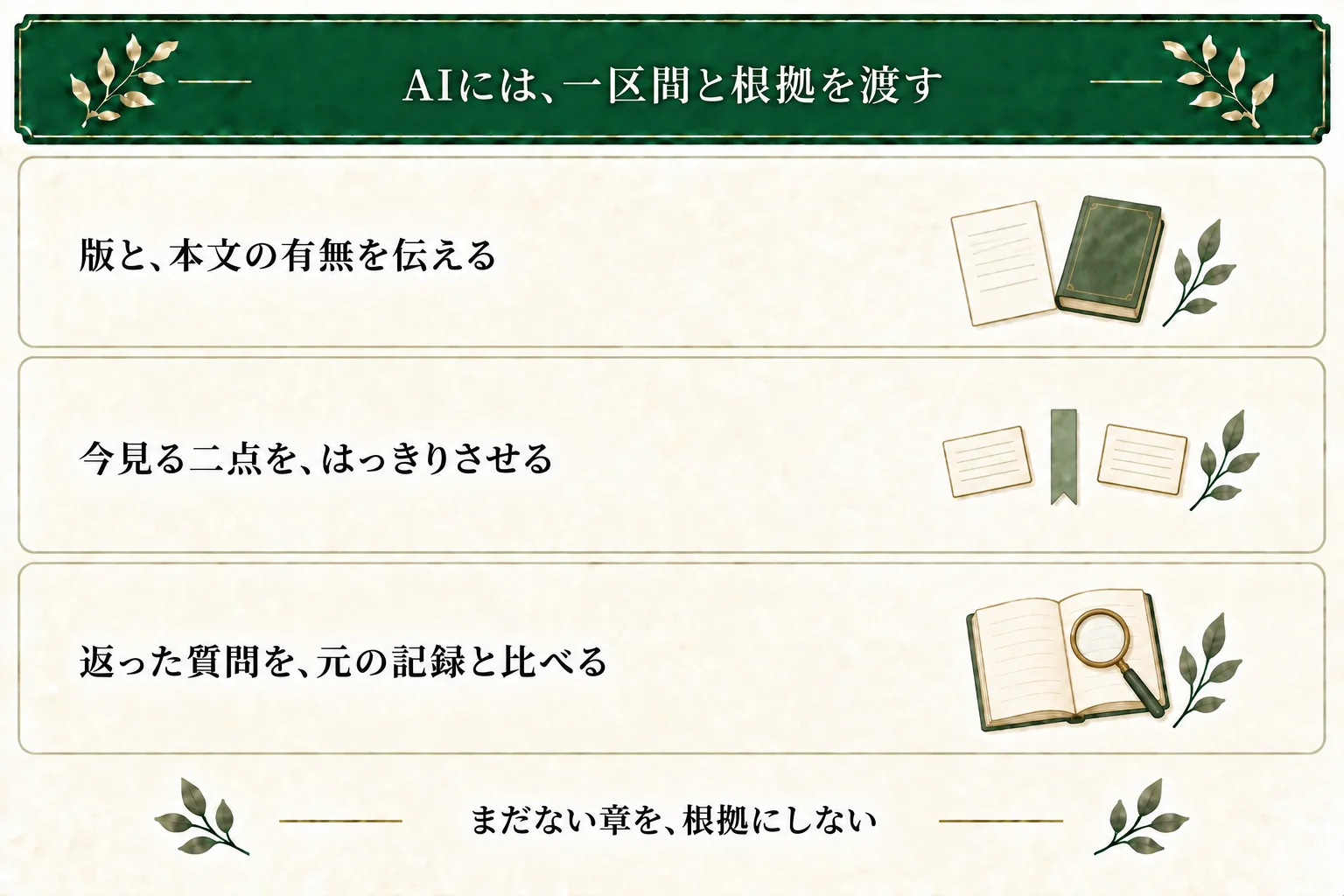AIに版・本文の有無・対象区間と実際にある根拠を渡す。未着手の章を既存の根拠として扱わず、返った質問を元の構想メモと比べる。