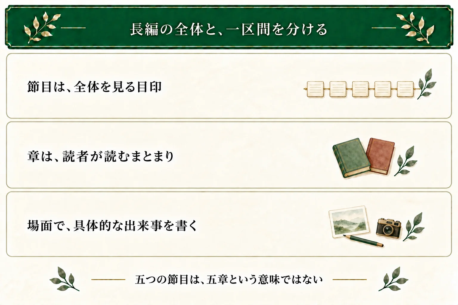 節目は全体を見る目印、章は読むまとまり、場面は見聞きや動作を書く単位。5節目を5章や均等な長さと同一視しない。