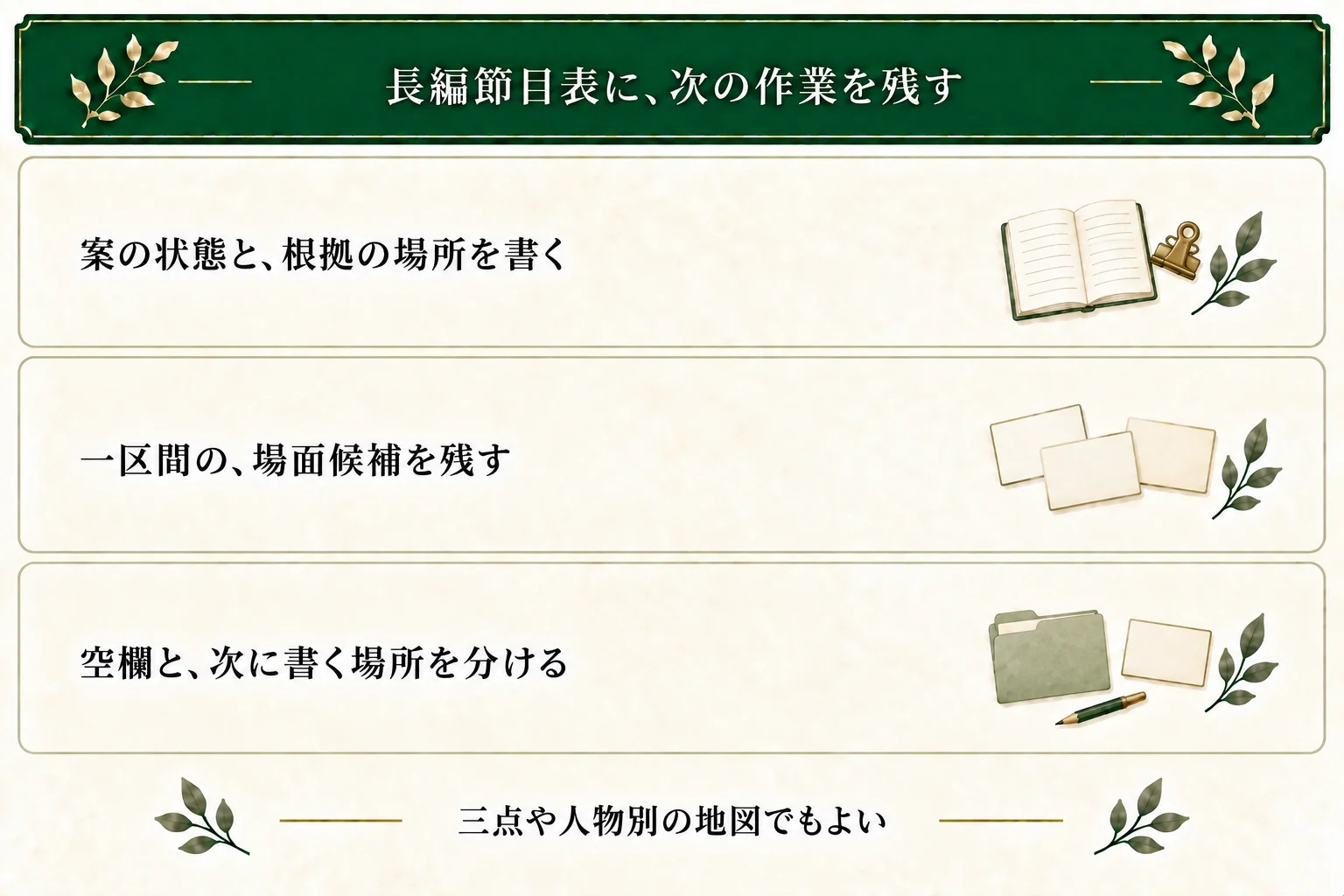 長編節目表に案の状態、根拠の場所、一区間の場面候補と次の作業を記す。終わりは空欄でもよく、3点や人物別の地図も選べる。